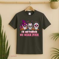 Sugar Skulls In October We Wear Pink Breast Cancer Awareness T-Shirt thumb 2