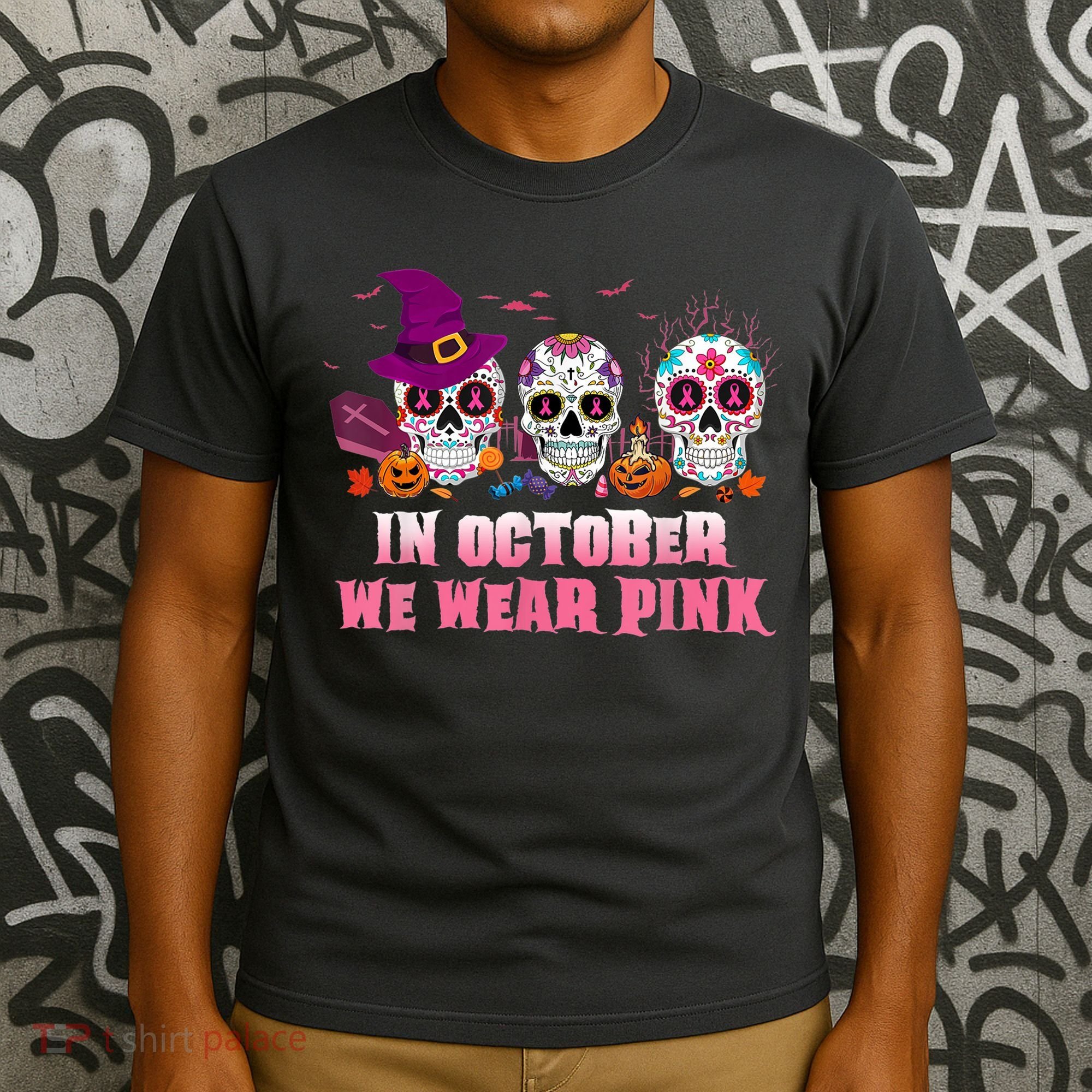 Sugar Skulls In October We Wear Pink Breast Cancer Awareness T-Shirt