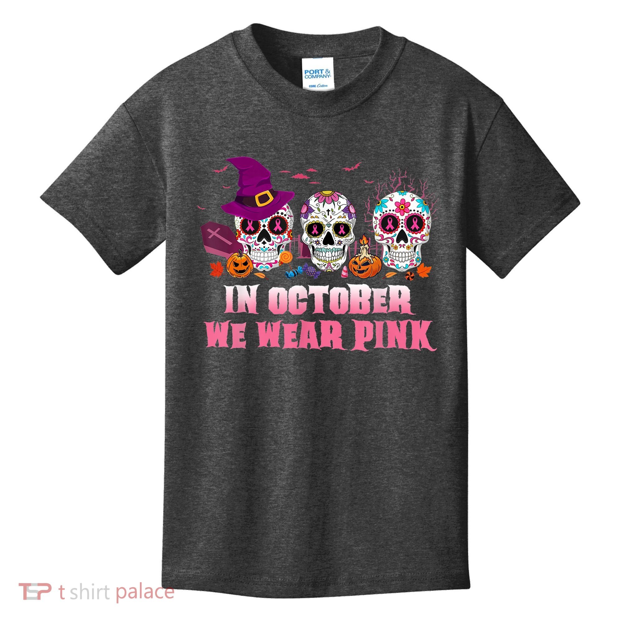 Sugar Skulls In October We Wear Pink Breast Cancer Awareness Kids T-Shirt