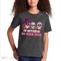 Sugar Skulls In October We Wear Pink Breast Cancer Awareness Kids T-Shirt thumb 2
