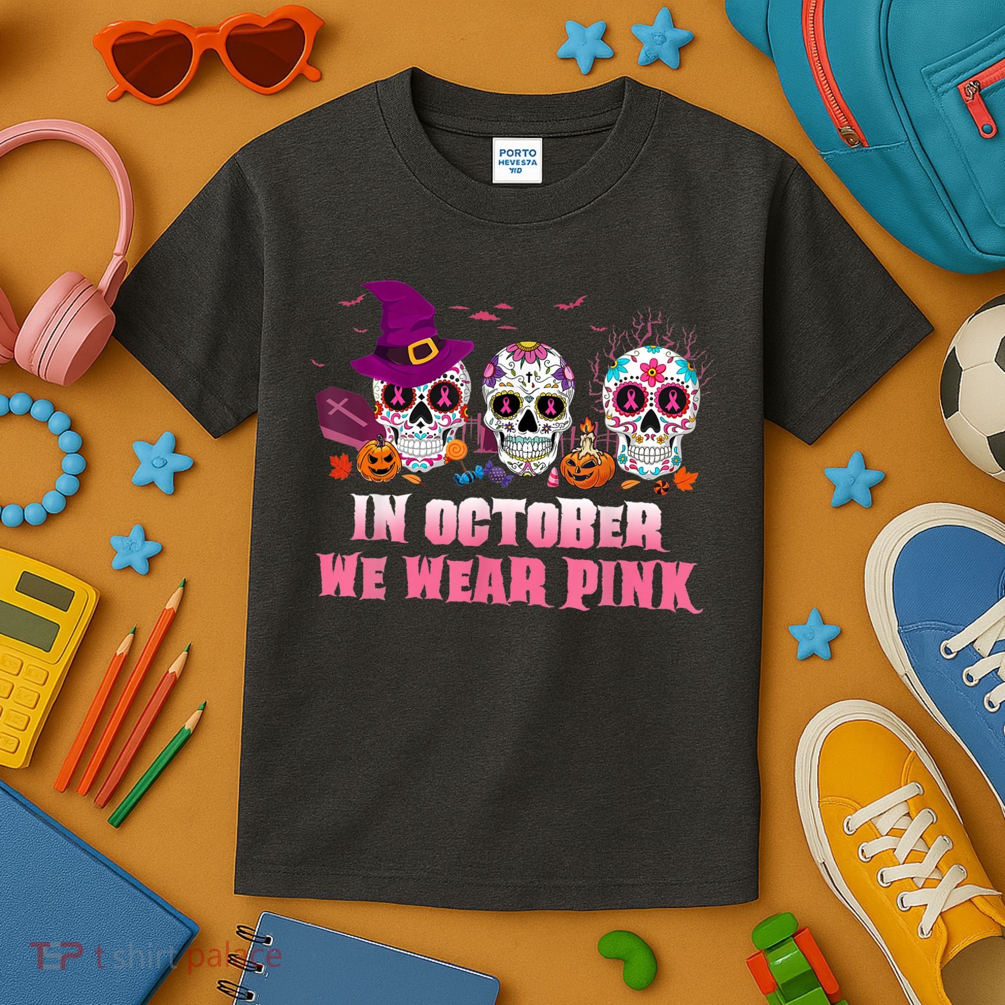 Sugar Skulls In October We Wear Pink Breast Cancer Awareness Kids T-Shirt