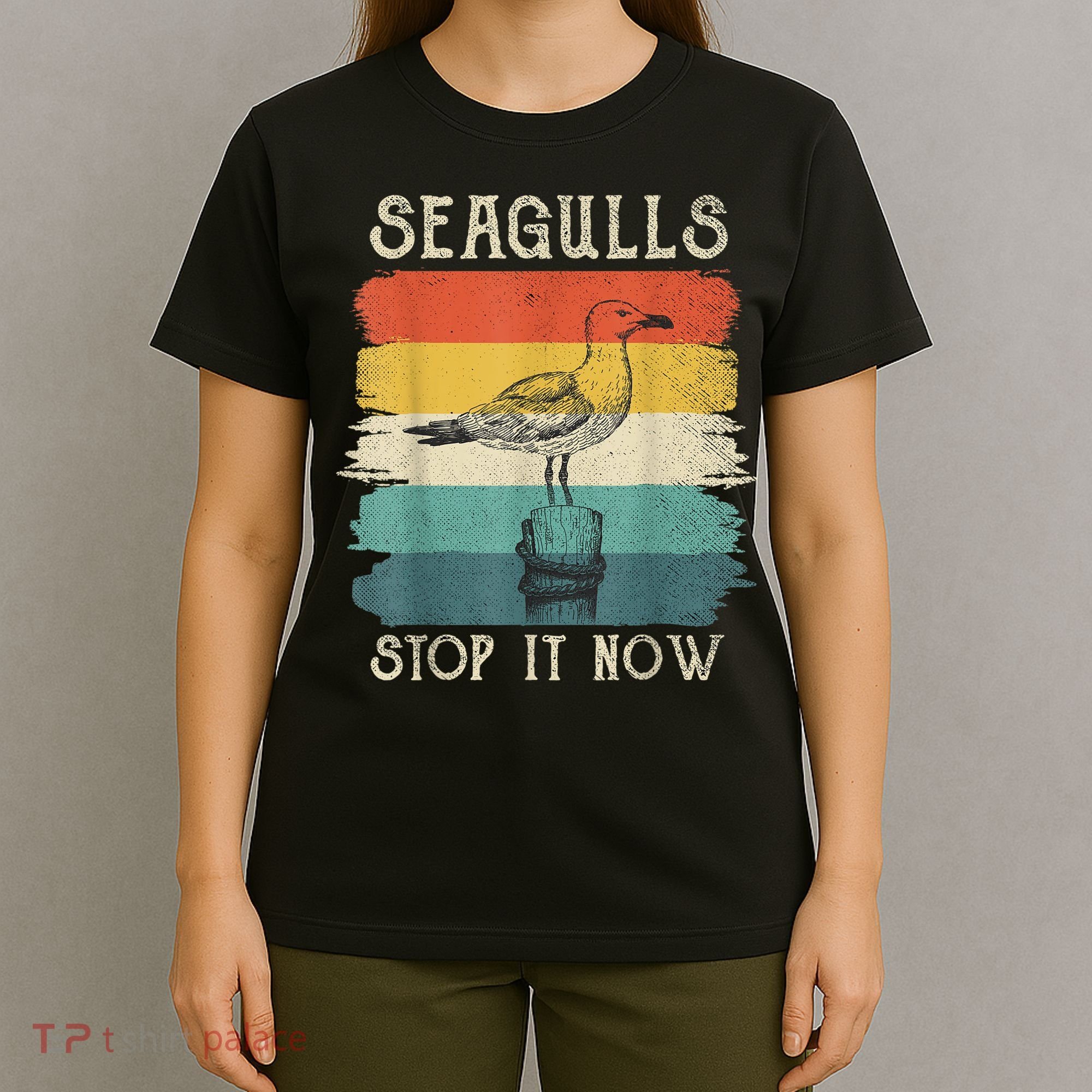 Seagulls Stop It Now Bird Lover 80s Retro Funny Seagull T-Shirt