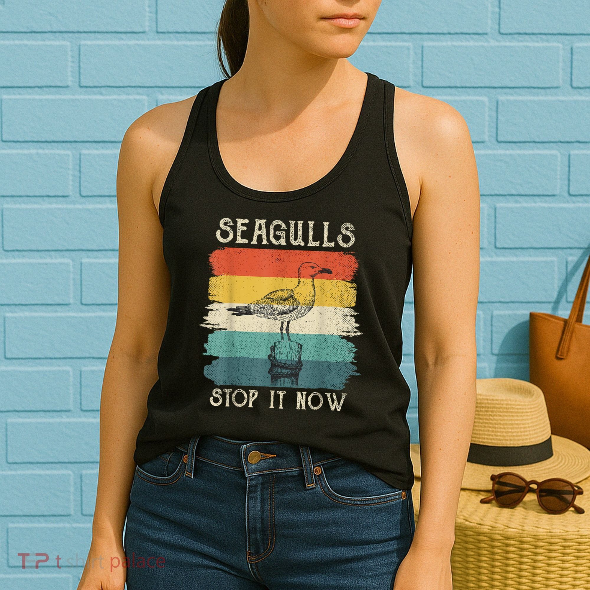 Seagulls Stop It Now Bird Lover 80s Retro Funny Seagull Women's Tank Top