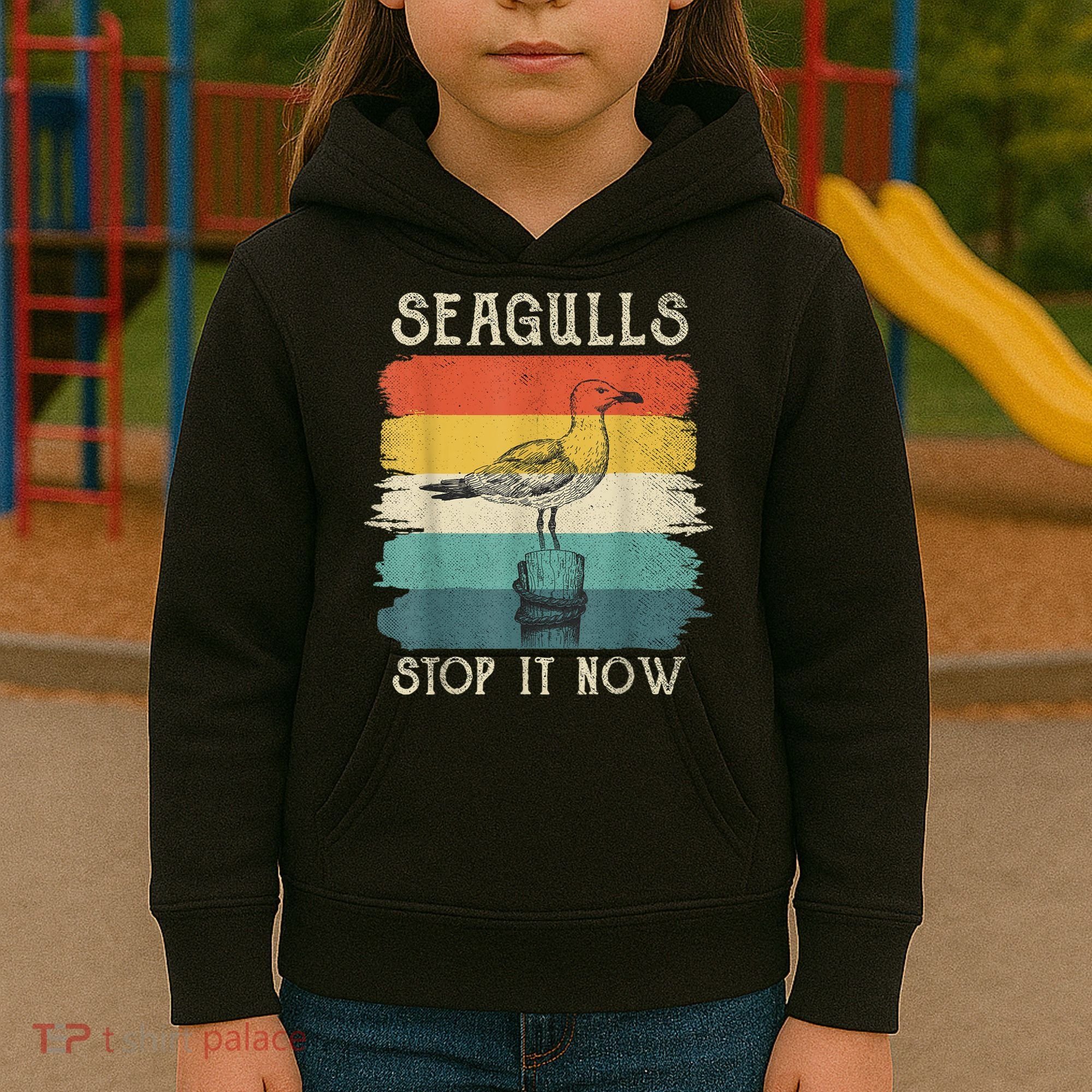 Seagulls Stop It Now Bird Lover 80s Retro Funny Seagull Kids Hoodie