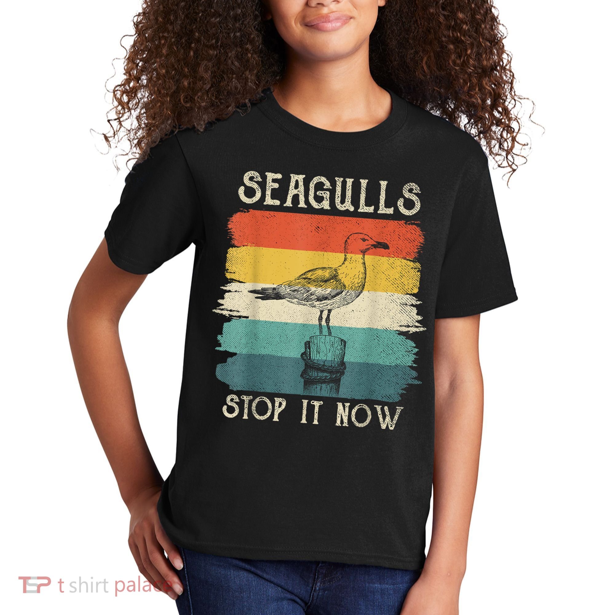 Seagulls Stop It Now Bird Lover 80s Retro Funny Seagull Kids T-Shirt