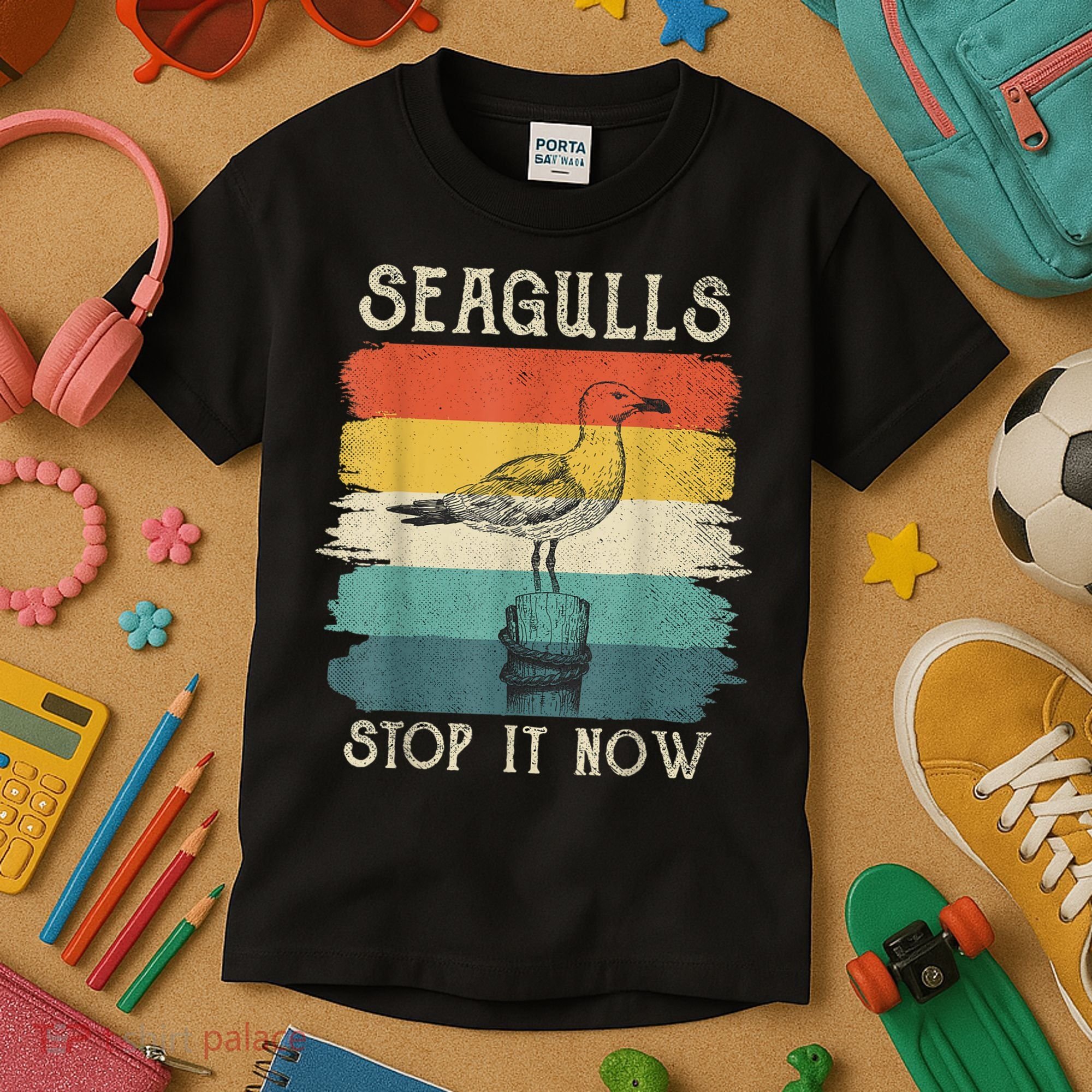 Seagulls Stop It Now Bird Lover 80s Retro Funny Seagull Kids T-Shirt