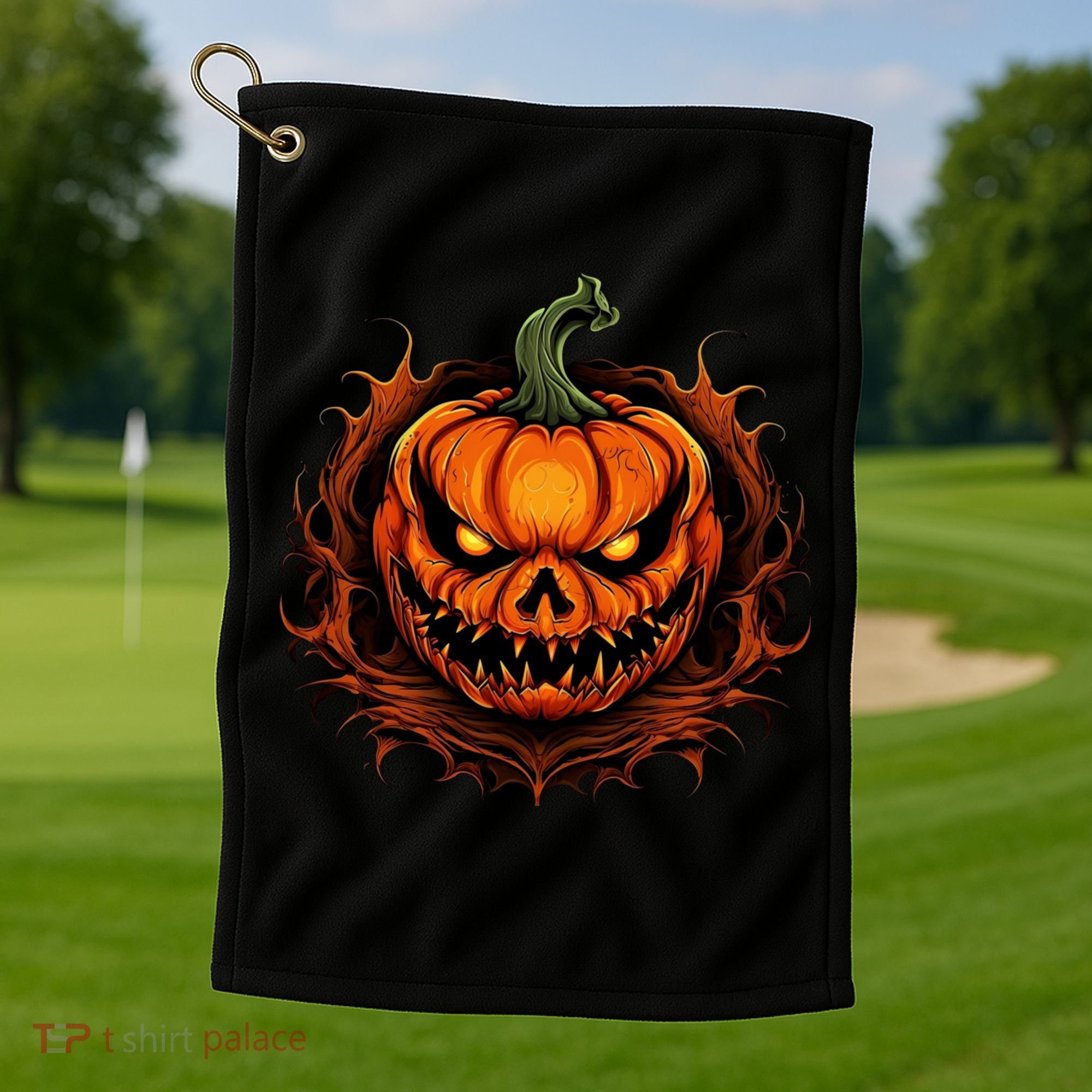 Scary Spooky Jack O Lantern Face Pumpkin Halloween Golf Towel
