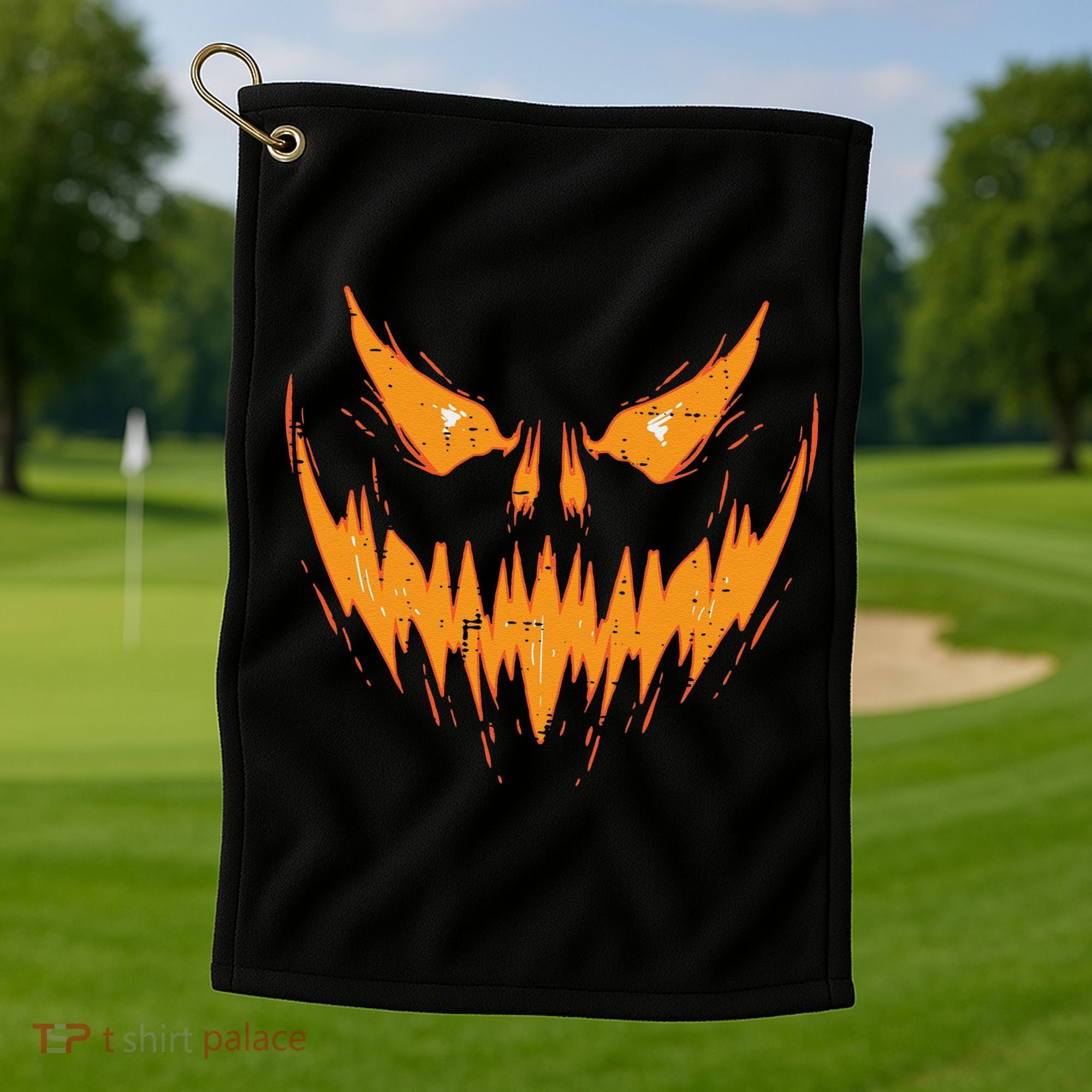Scary Spooky Jack O Lantern Face Pumpkin Halloween Funny Golf Towel
