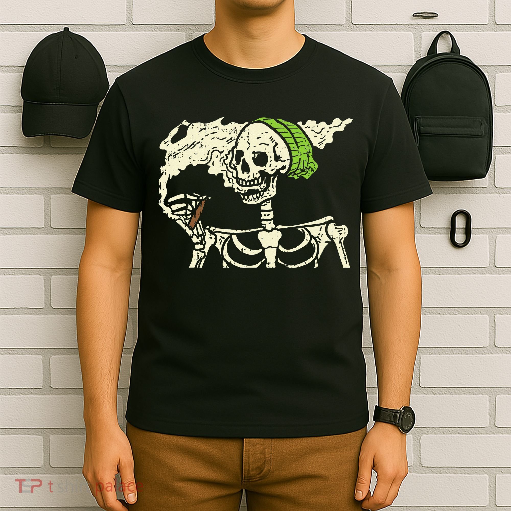 Smoking Skeleton Joint Funny Weed Pot 420 Cannabis Halloween T-Shirt
