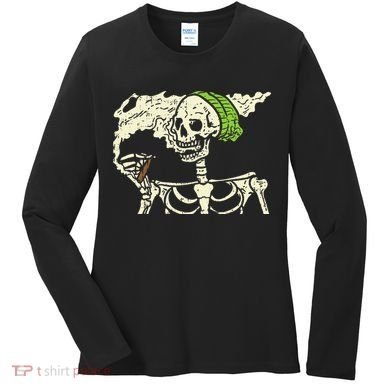 Smoking Skeleton Joint Funny Weed Pot 420 Cannabis Halloween Women's Long Sleeve Shirt
