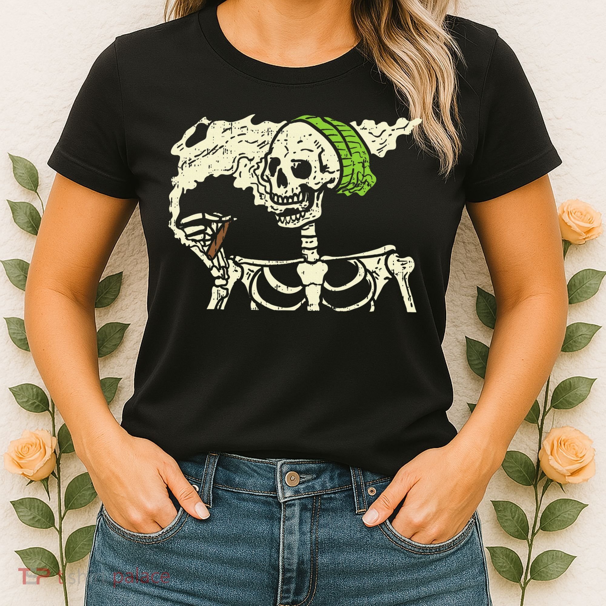 Smoking Skeleton Joint Funny Weed Pot 420 Cannabis Halloween Women's T-Shirt