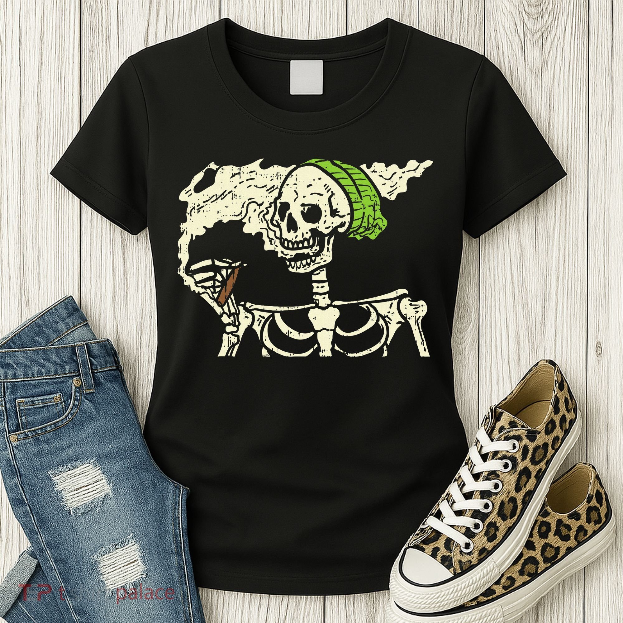 Smoking Skeleton Joint Funny Weed Pot 420 Cannabis Halloween Women's T-Shirt