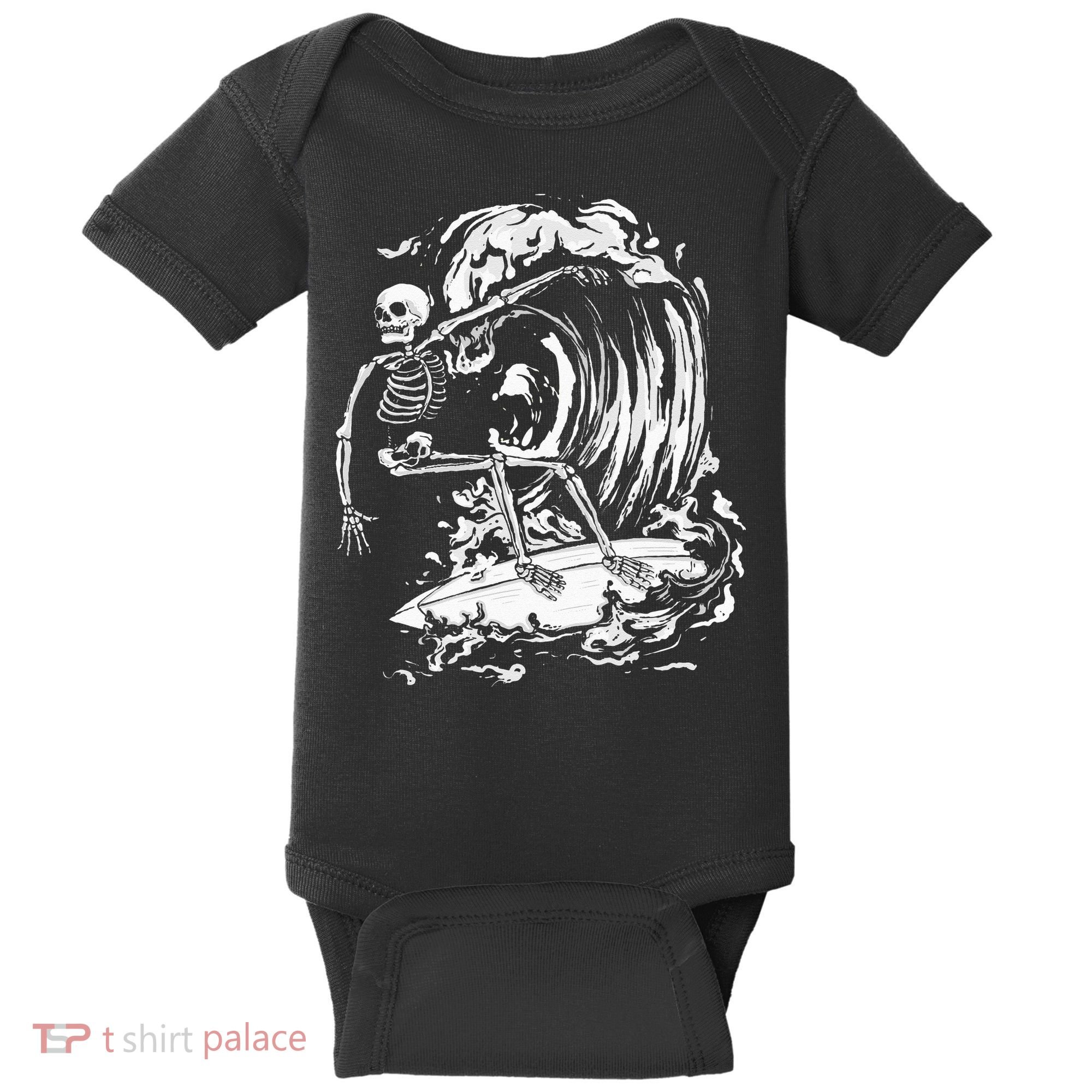 Skeleton Surfing Lazy Halloween Costume Skull Bones Surfer Baby Bodysuit
