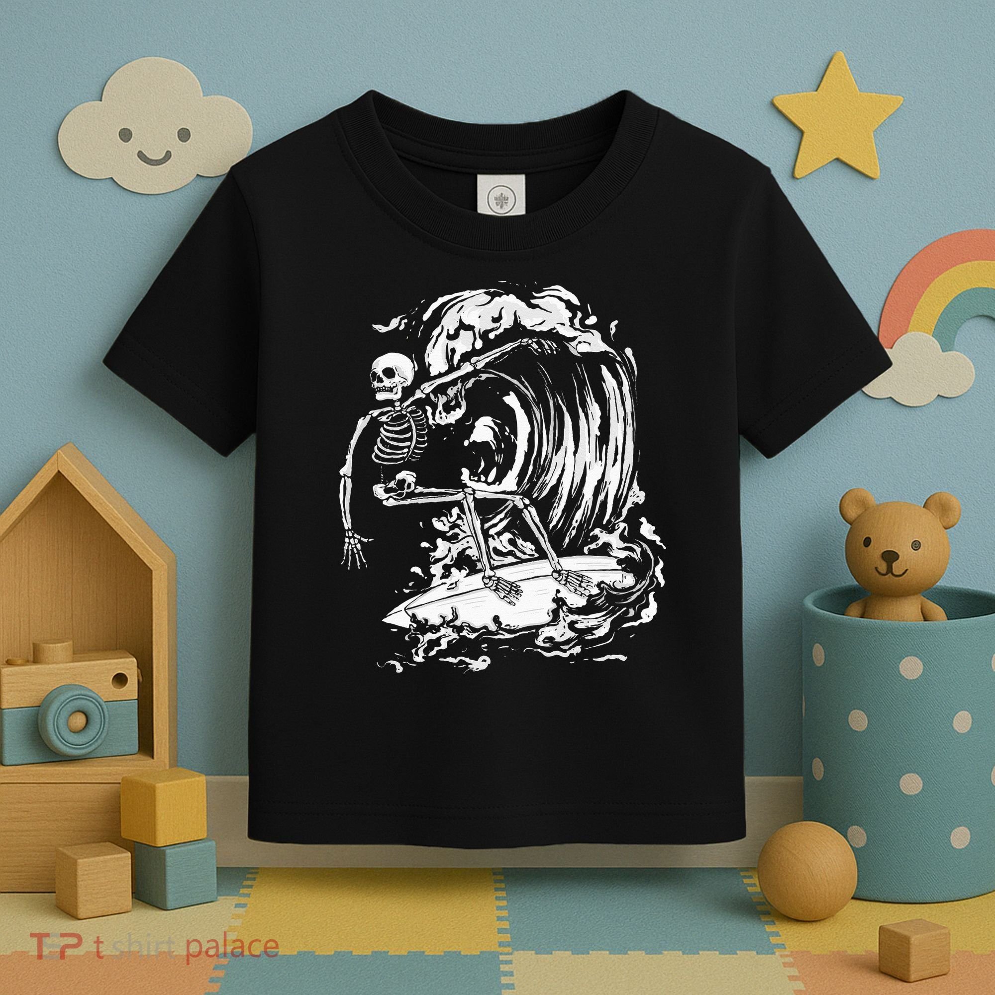 Skeleton Surfing Lazy Halloween Costume Skull Bones Surfer Toddler T-Shirt