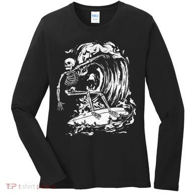 Skeleton Surfing Lazy Halloween Costume Skull Bones Surfer Women's Long Sleeve Shirt