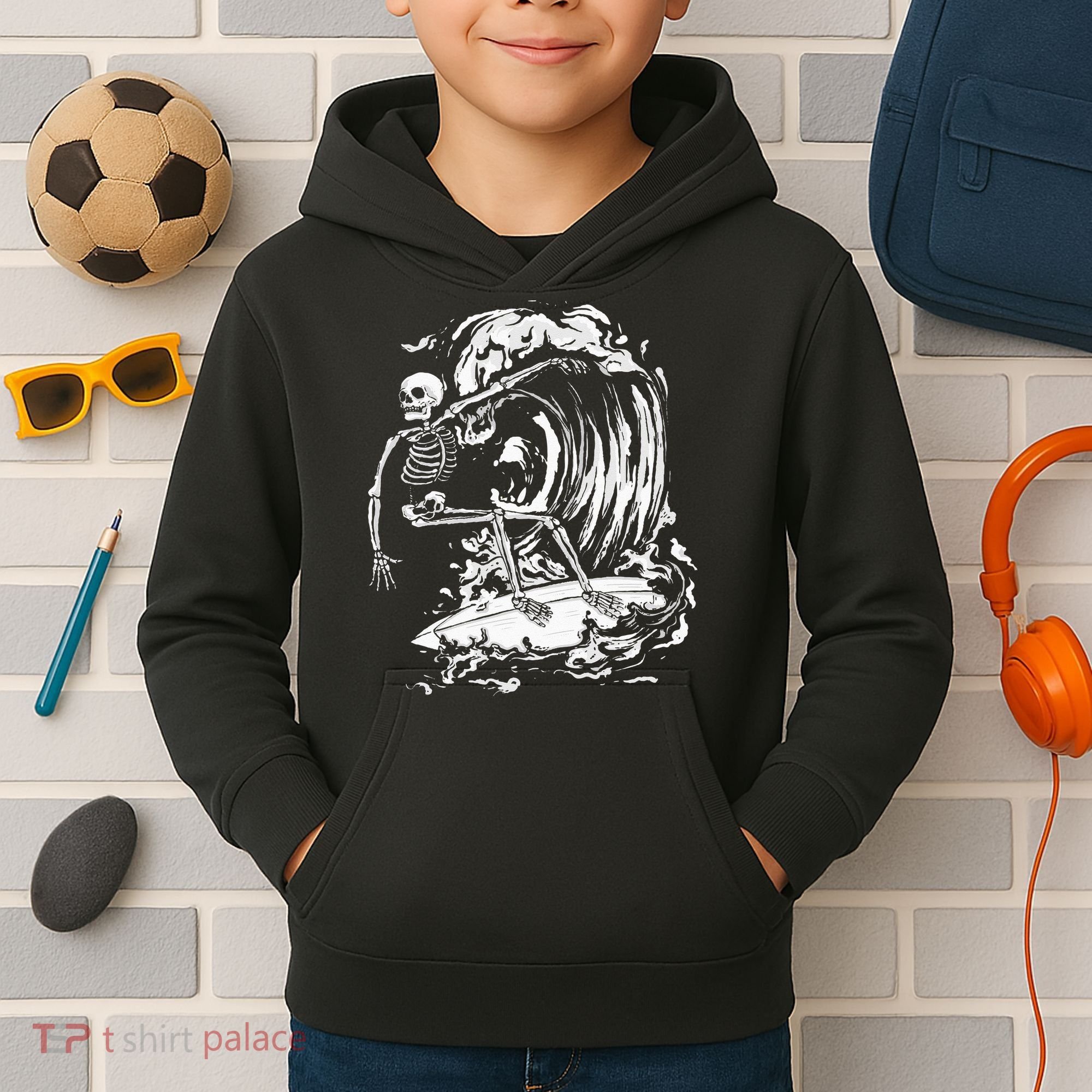 Skeleton Surfing Lazy Halloween Costume Skull Bones Surfer Kids Hoodie