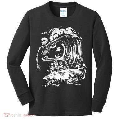 Skeleton Surfing Lazy Halloween Costume Skull Bones Surfer Kids Long Sleeve Shirt