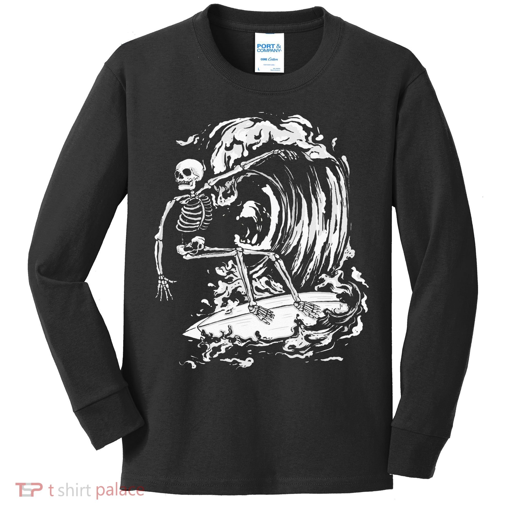 Skeleton Surfing Lazy Halloween Costume Skull Bones Surfer Kids Long Sleeve Shirt