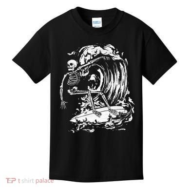 Skeleton Surfing Lazy Halloween Costume Skull Bones Surfer Kids T-Shirt