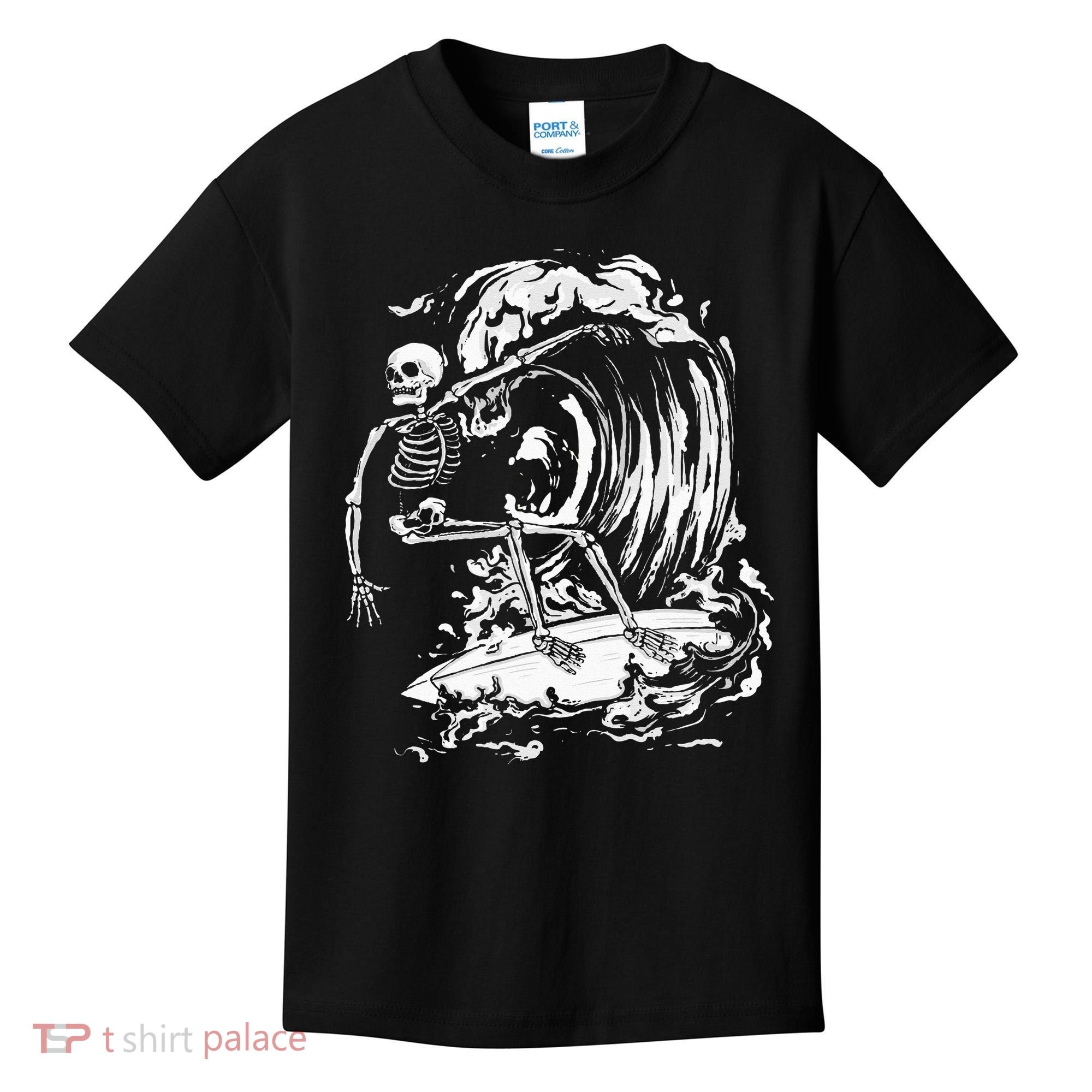 Skeleton Surfing Lazy Halloween Costume Skull Bones Surfer Kids T-Shirt