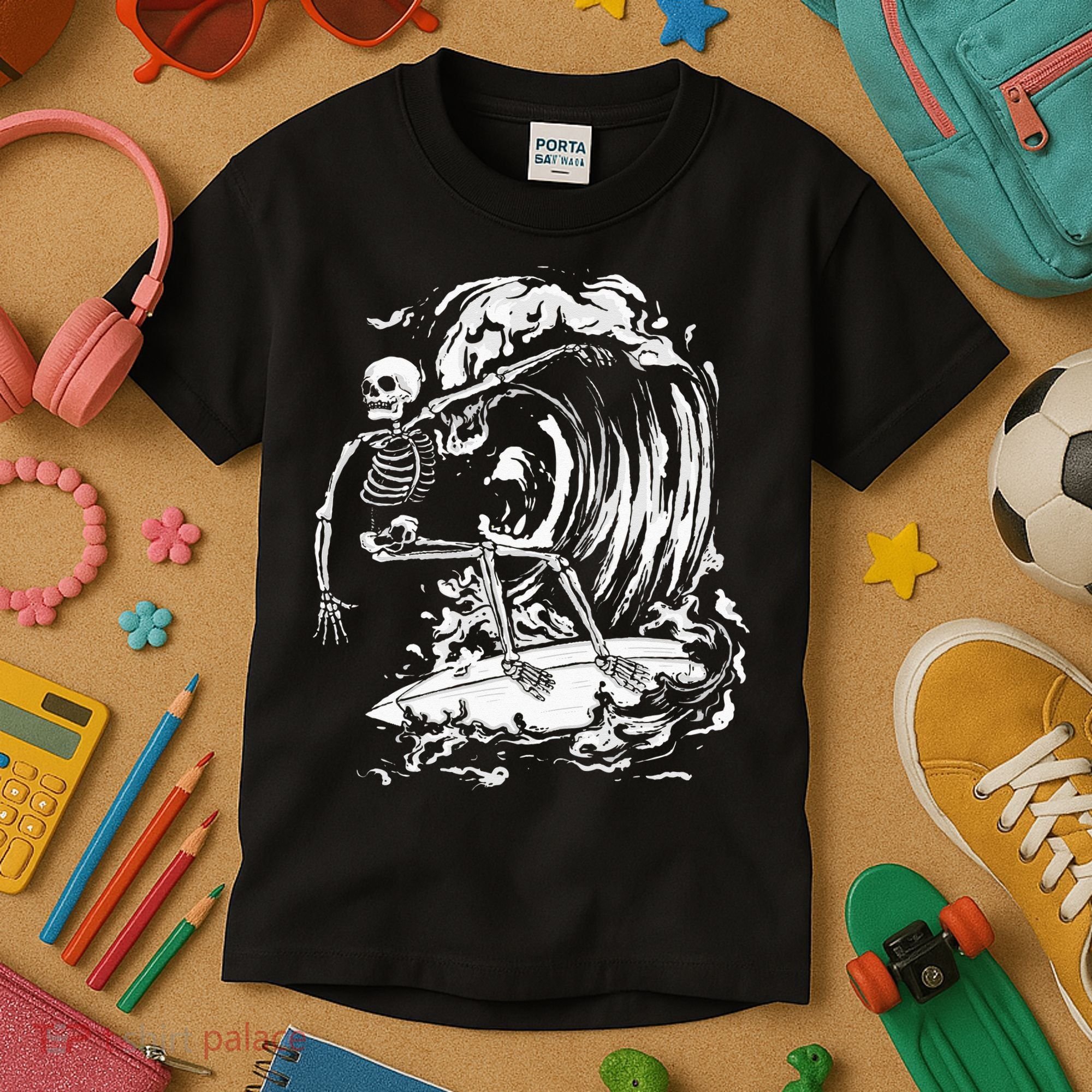 Skeleton Surfing Lazy Halloween Costume Skull Bones Surfer Kids T-Shirt