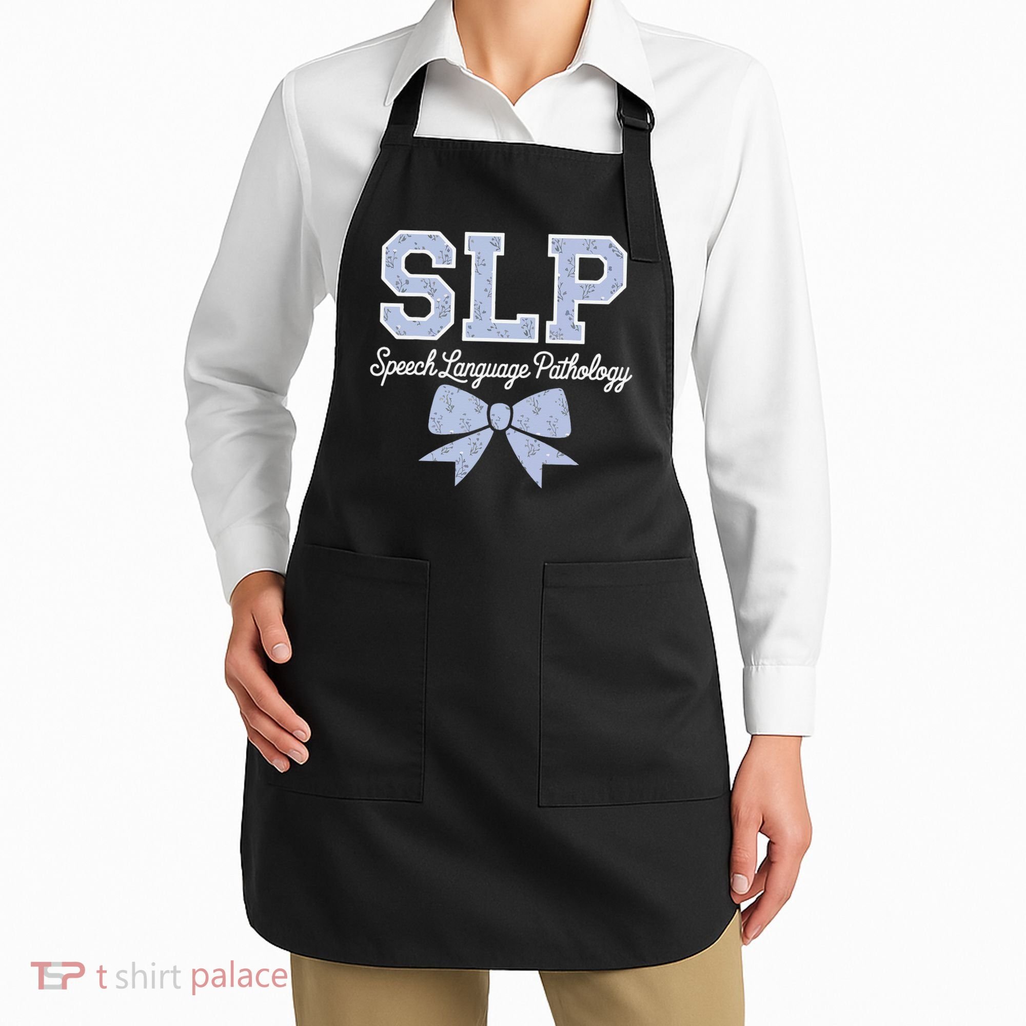 SLP Speech Language Pathology Floral Coquette Blue Bow Apron