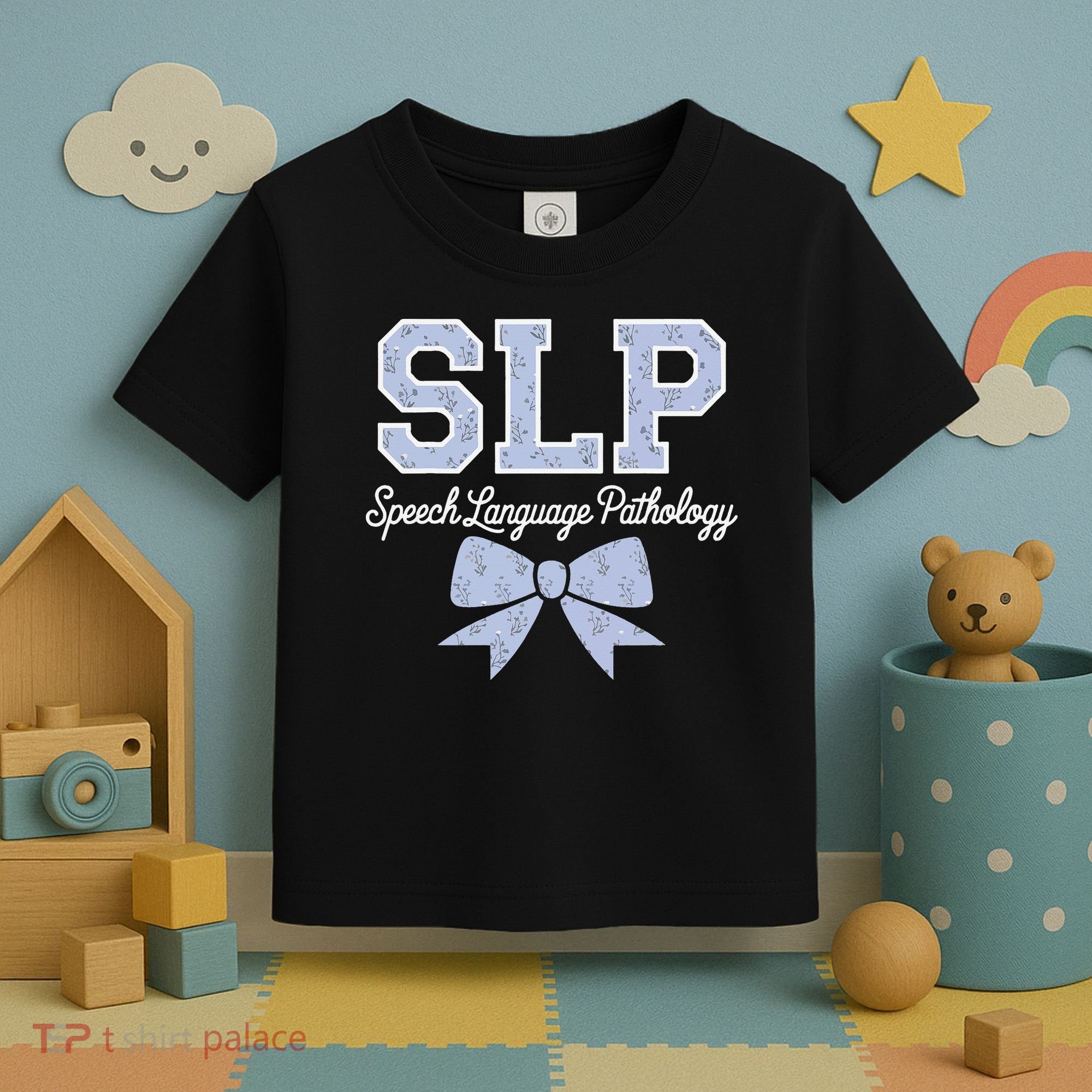 SLP Speech Language Pathology Floral Coquette Blue Bow Toddler T-Shirt