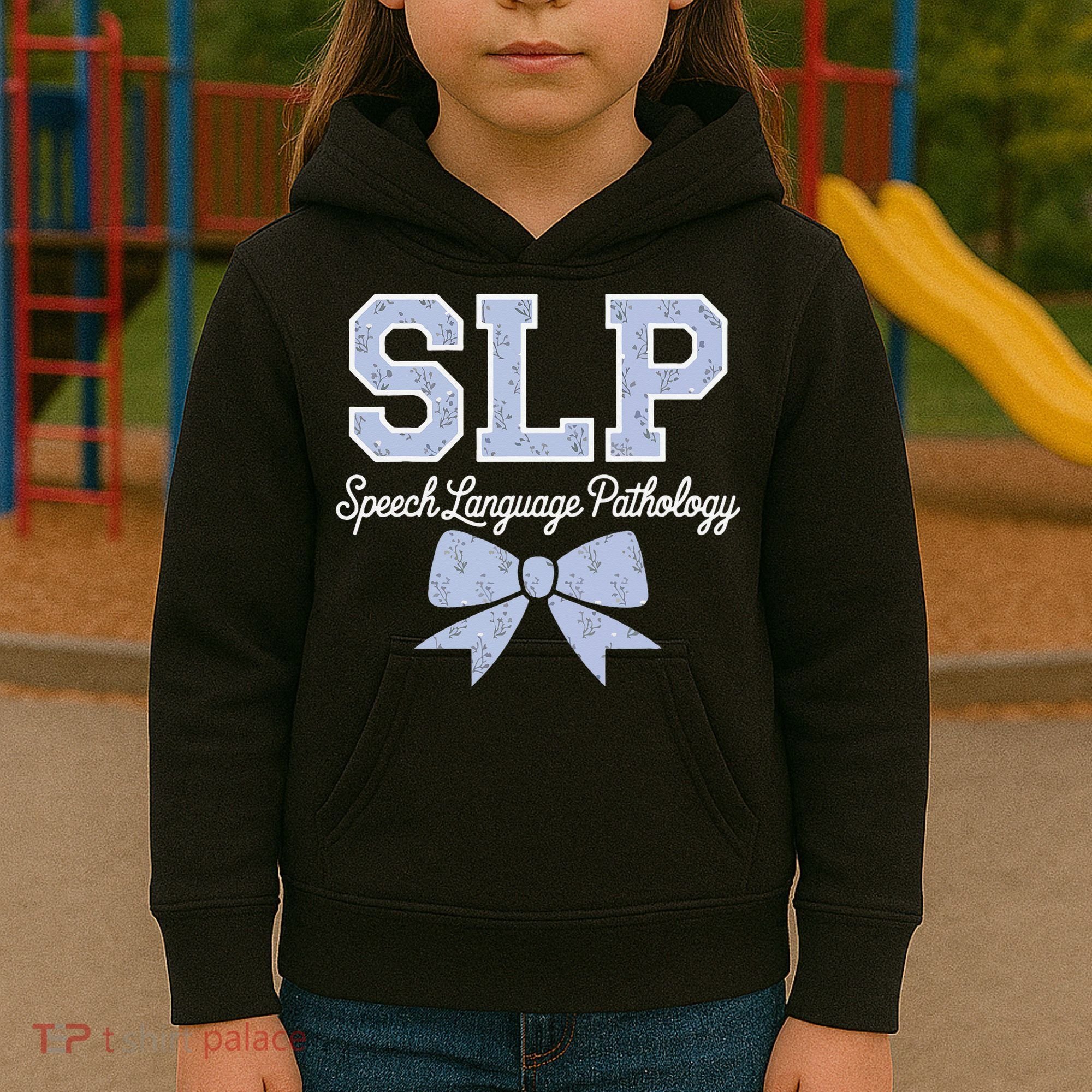 SLP Speech Language Pathology Floral Coquette Blue Bow Kids Hoodie