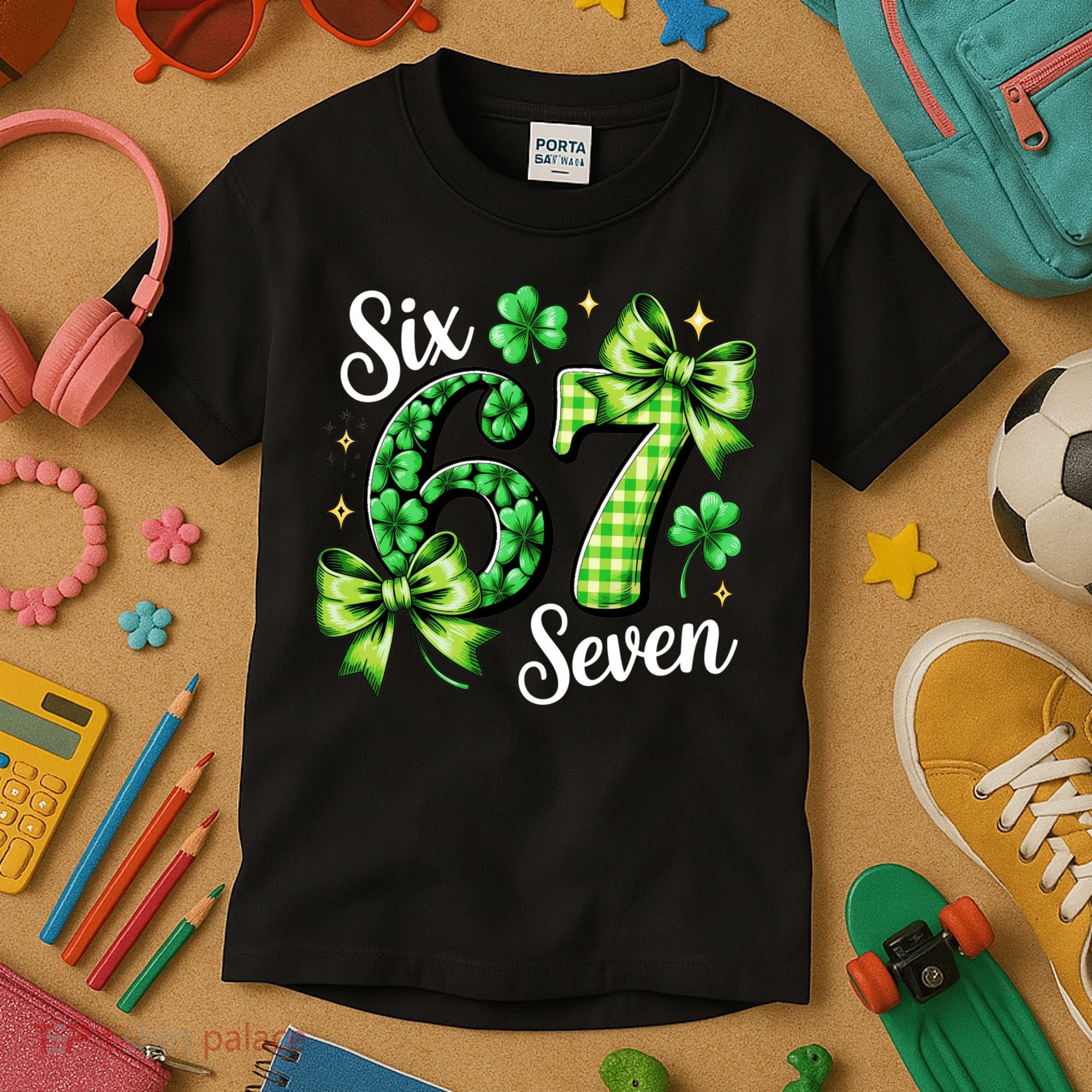 Six Seven Lucky Numbers Shamrock 67 St Patricks Day Kids T-Shirt