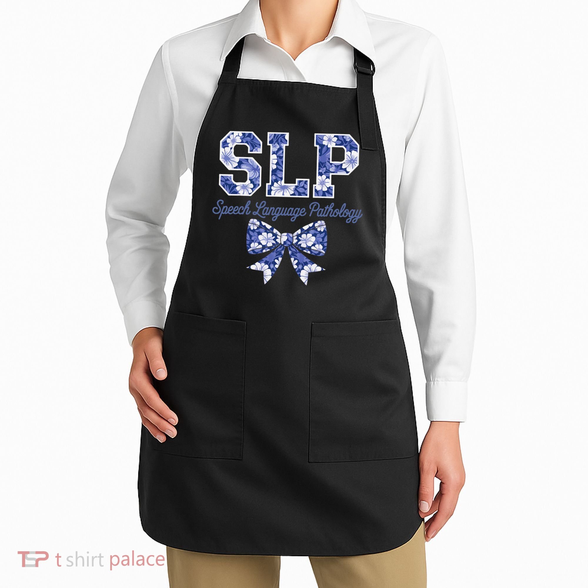 SLP Speech Language Pathology Floral Coquette Blue Bow Apron
