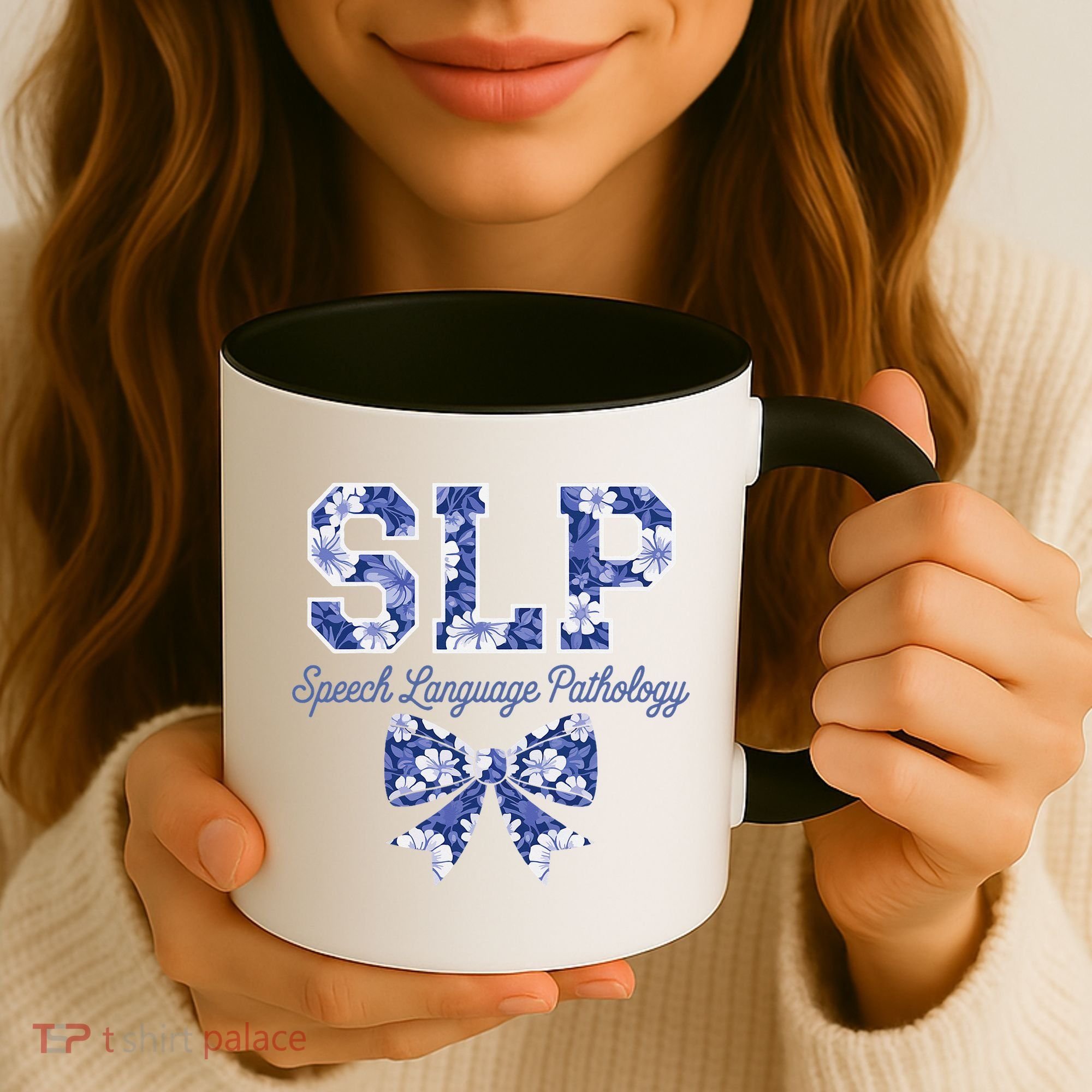 SLP Speech Language Pathology Floral Coquette Blue Bow Coffee Mug
