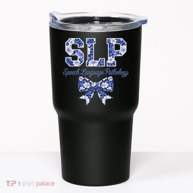 SLP Speech Language Pathology Floral Coquette Blue Bow Tumbler