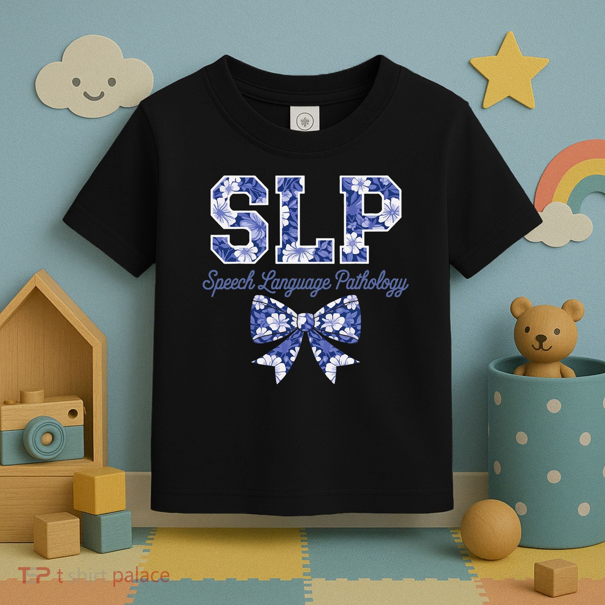 SLP Speech Language Pathology Floral Coquette Blue Bow Toddler T-Shirt