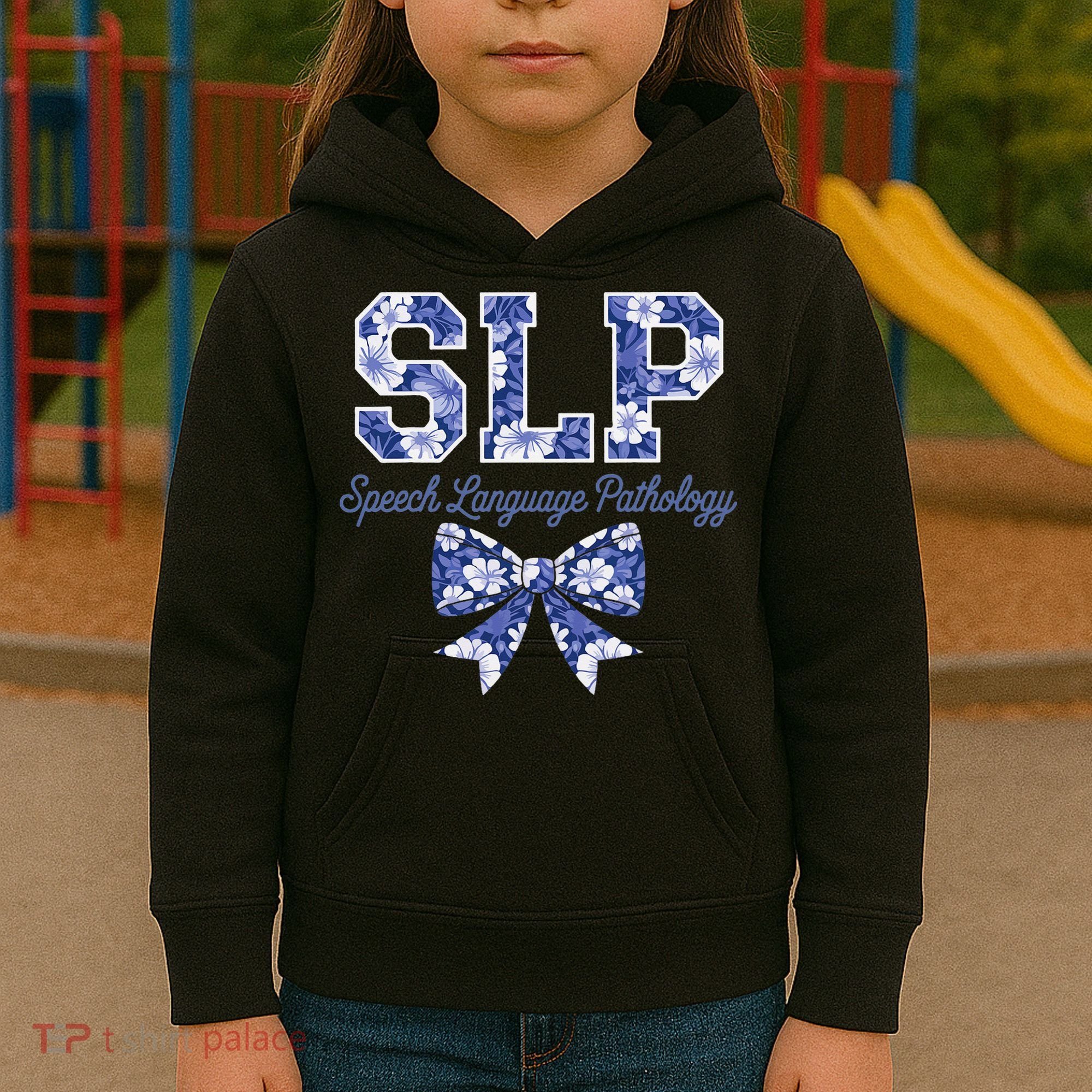 SLP Speech Language Pathology Floral Coquette Blue Bow Kids Hoodie