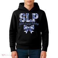 SLP Speech Language Pathology Floral Coquette Blue Bow Kids Hoodie thumb 4