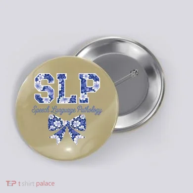 SLP Speech Language Pathology Floral Coquette Blue Bow Button