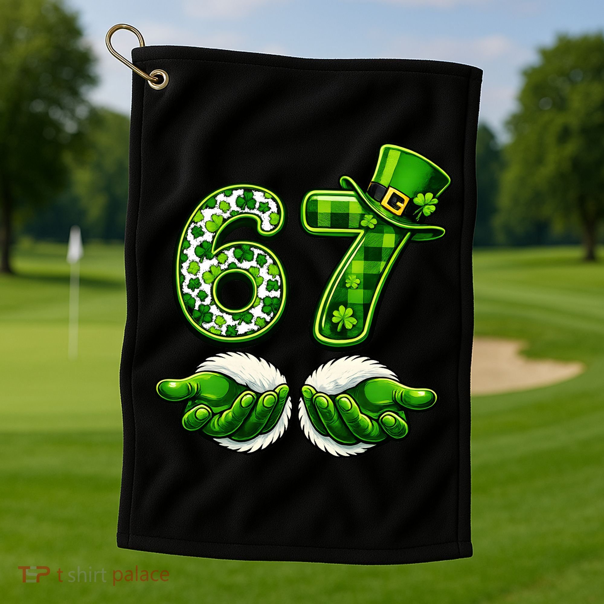 Six Seven Meme 67 St Patricks Day Shamrock Irish Clover Golf Towel