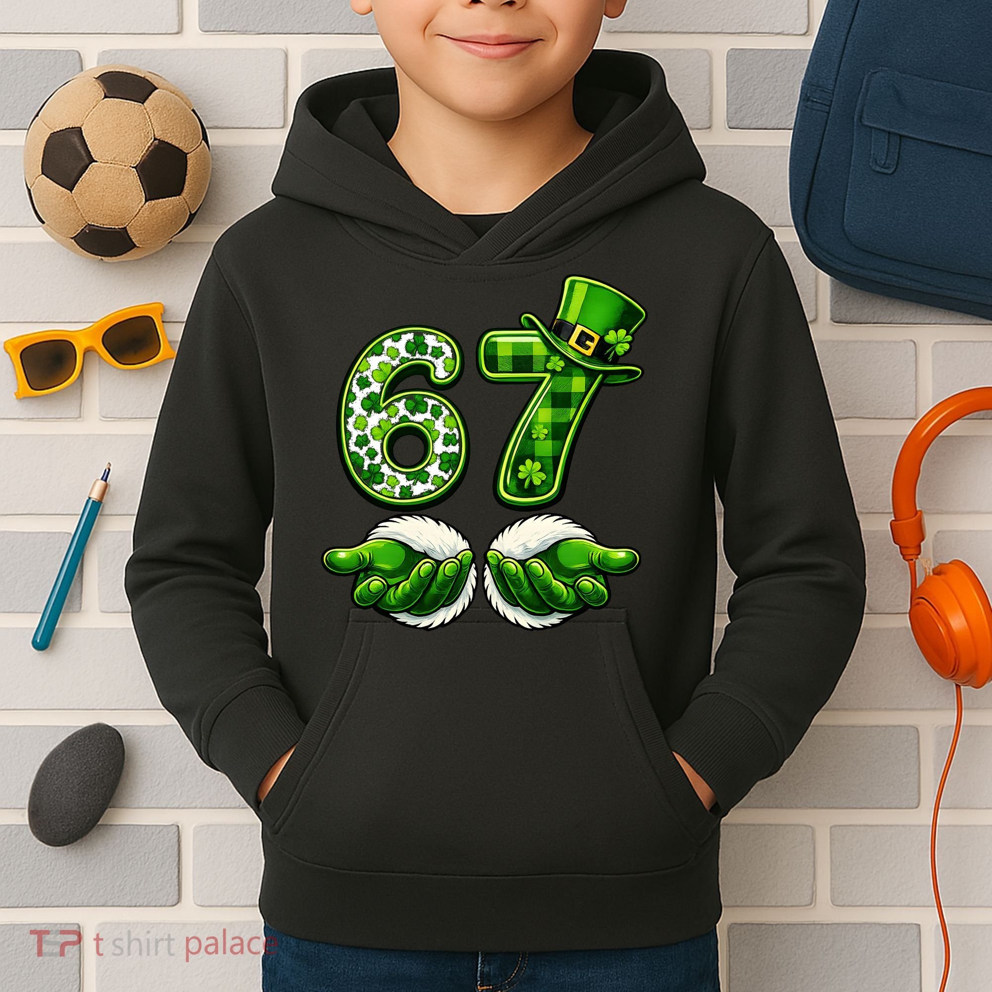 Six Seven Meme 67 St Patricks Day Shamrock Irish Clover Kids Hoodie