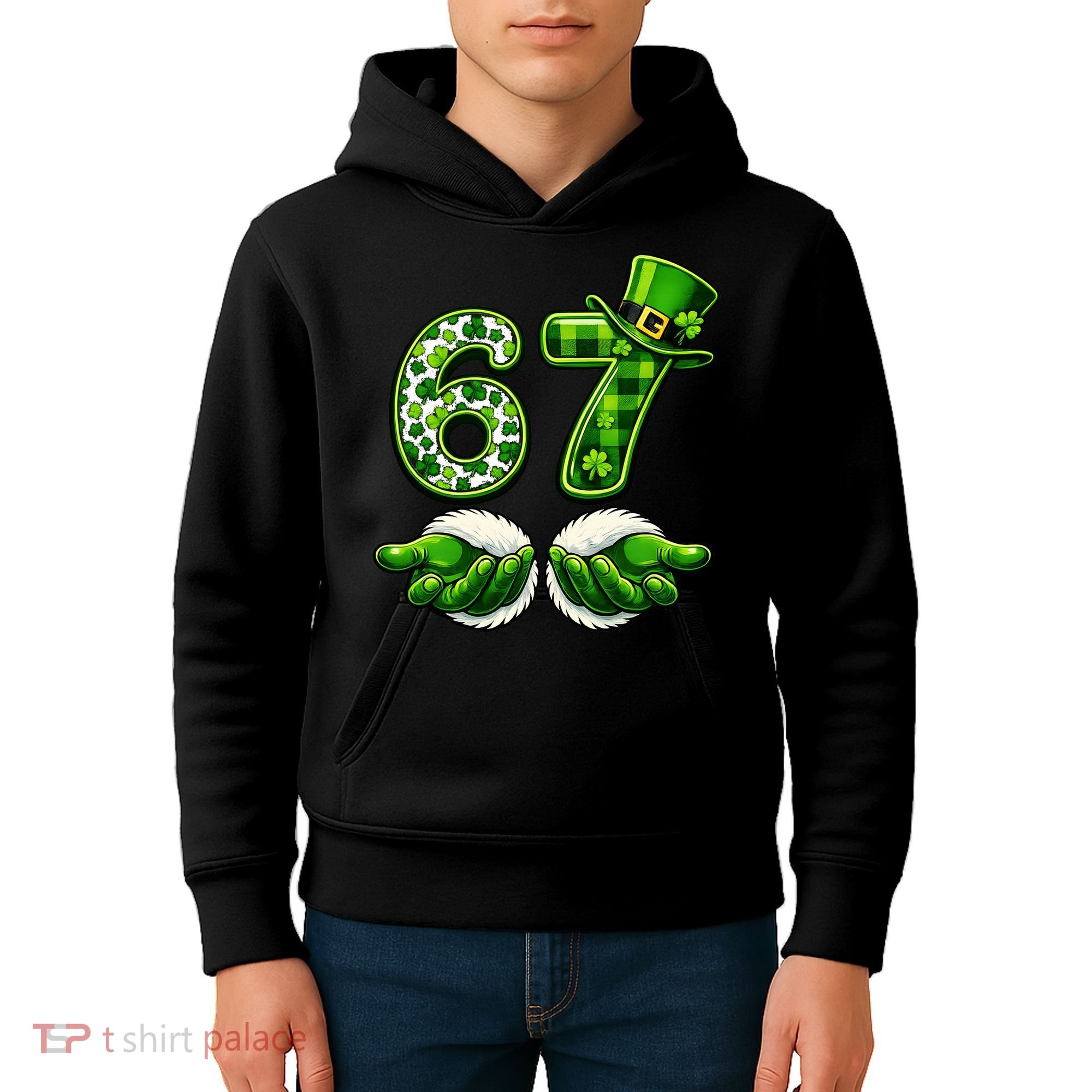 Six Seven Meme 67 St Patricks Day Shamrock Irish Clover Kids Hoodie
