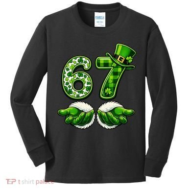 Six Seven Meme 67 St Patricks Day Shamrock Irish Clover Kids Long Sleeve Shirt