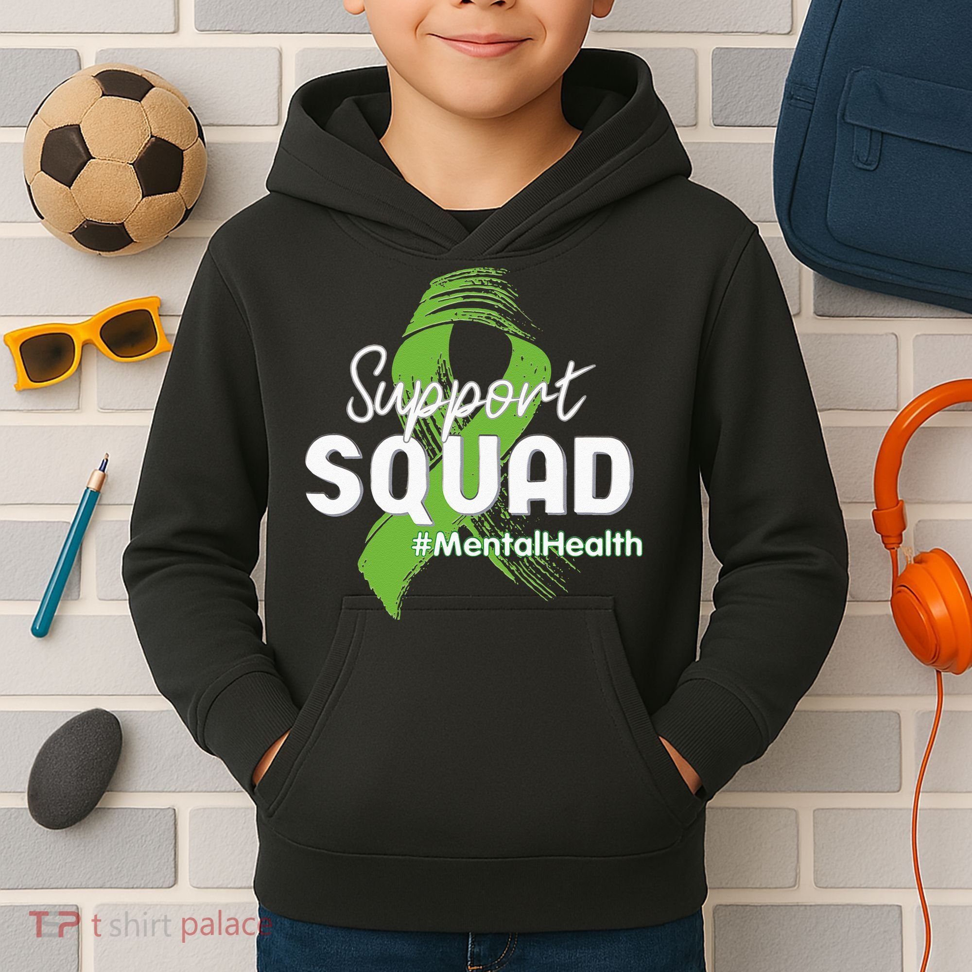 Support Squad Mental Health Awareness Lime Green Ribbon Kids Hoodie