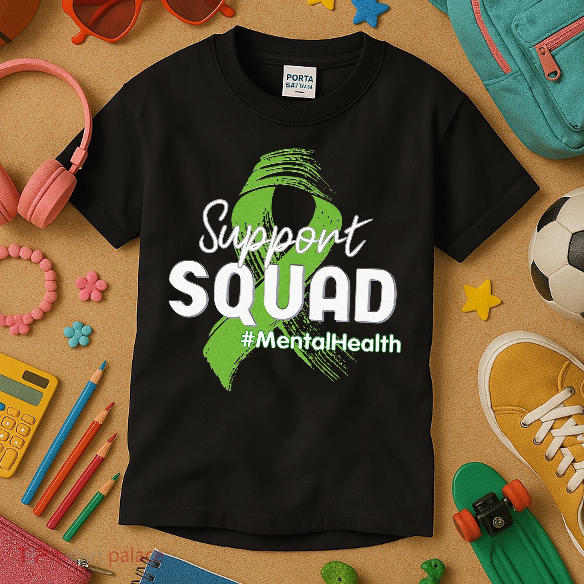 Support Squad Mental Health Awareness Lime Green Ribbon Kids T-Shirt