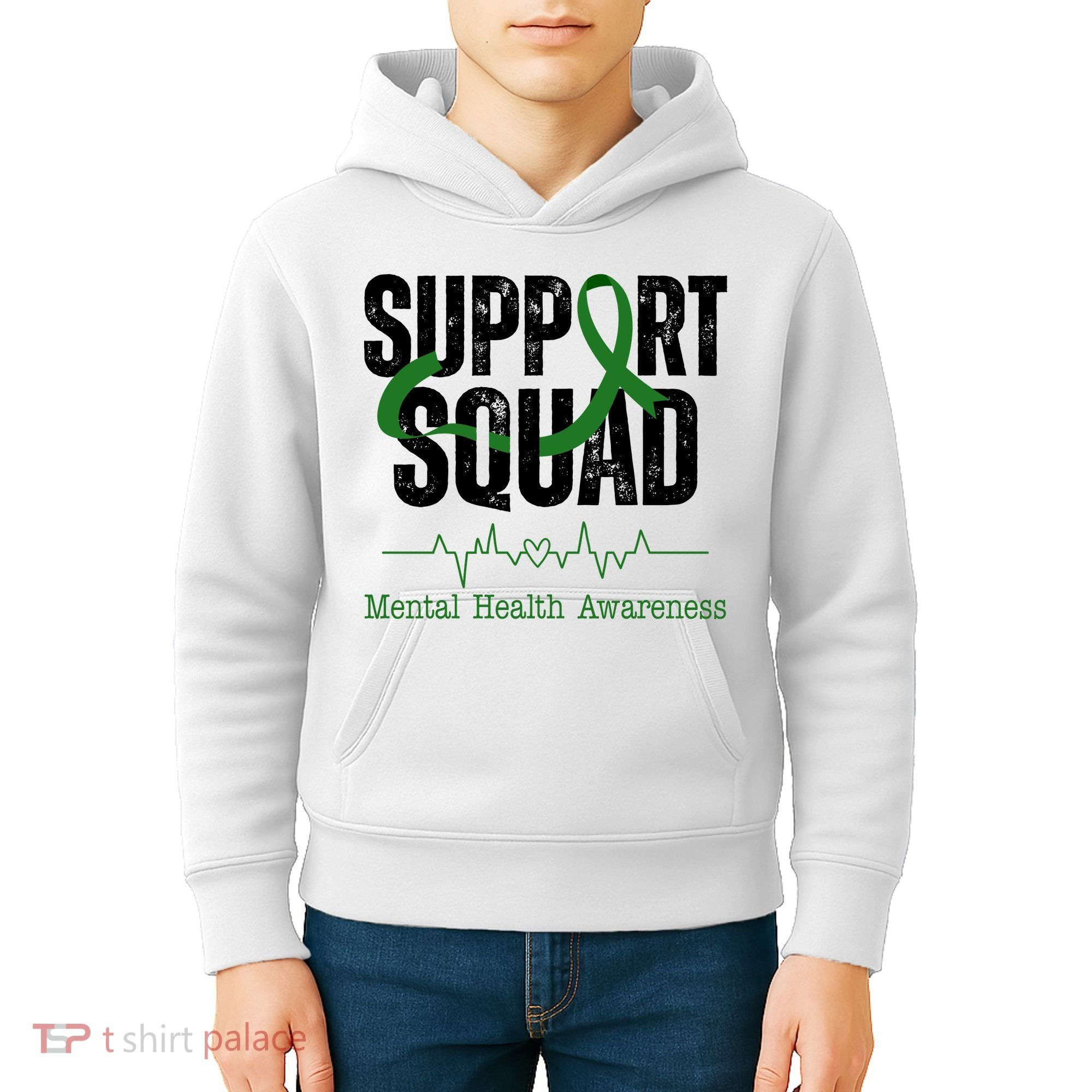 Support Squad Mental Health Awareness Heartbeat Ribbon Kids Hoodie