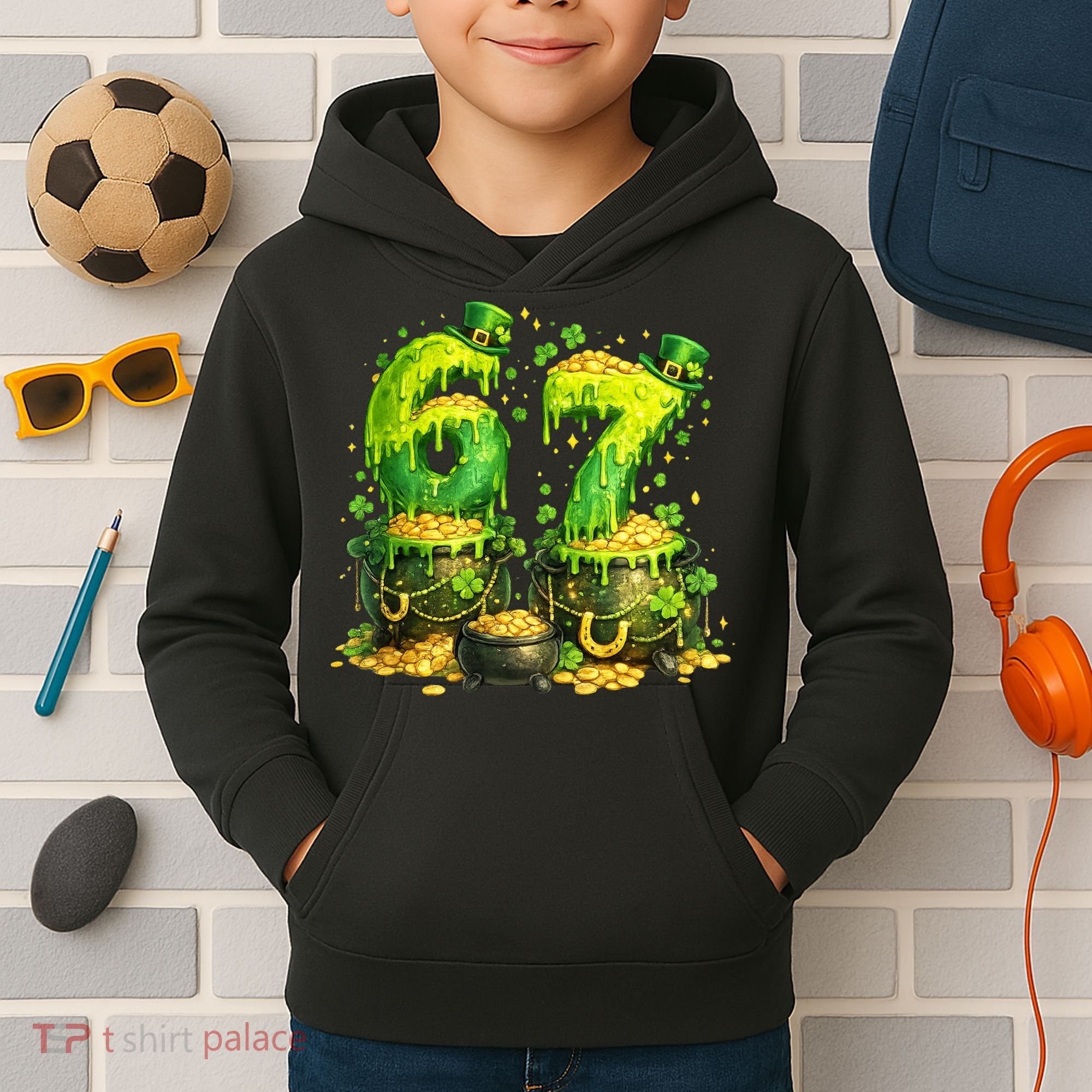 Six Seven Meme 67 St Patricks Day Shamrock Kids Hoodie