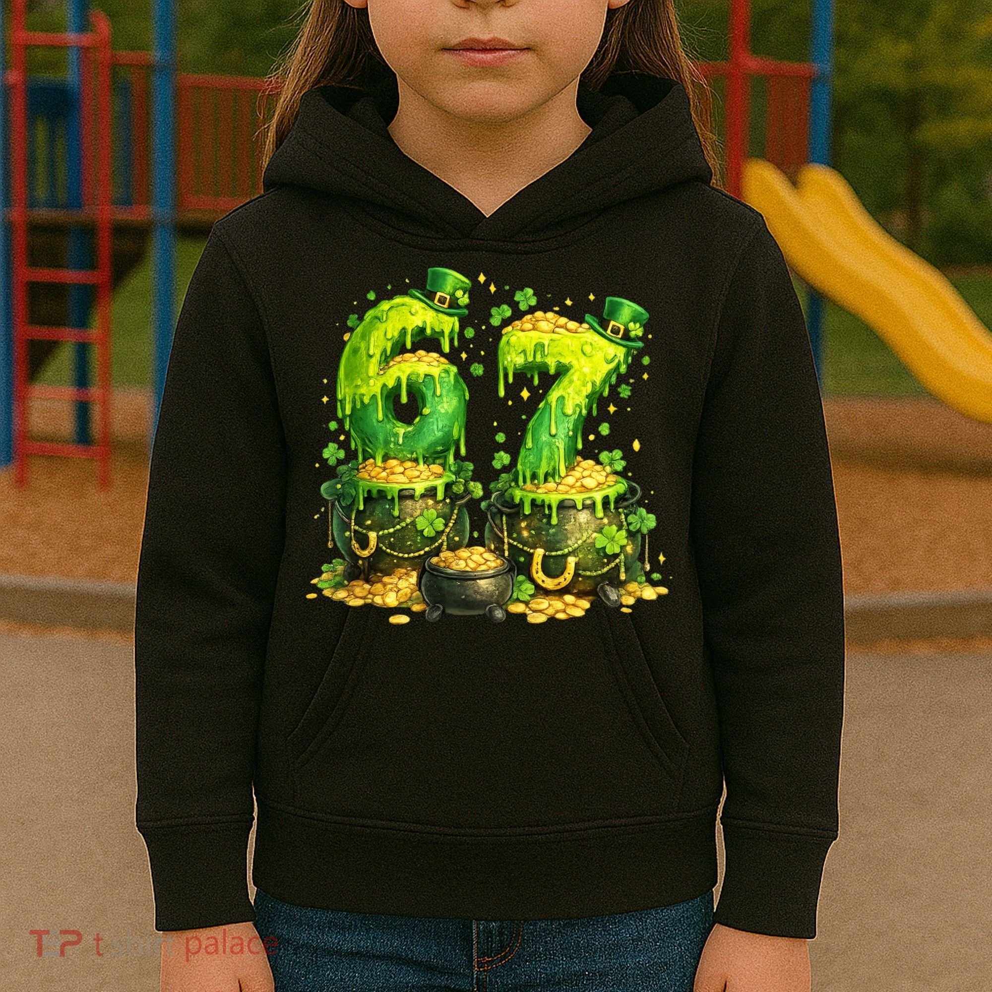 Six Seven Meme 67 St Patricks Day Shamrock Kids Hoodie