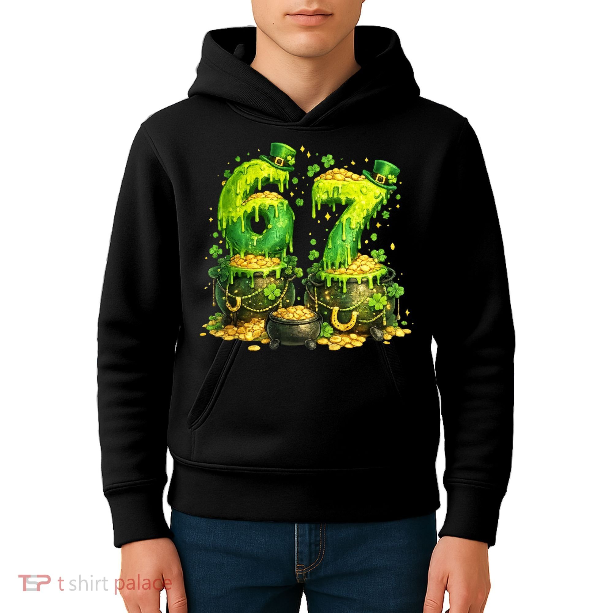 Six Seven Meme 67 St Patricks Day Shamrock Kids Hoodie
