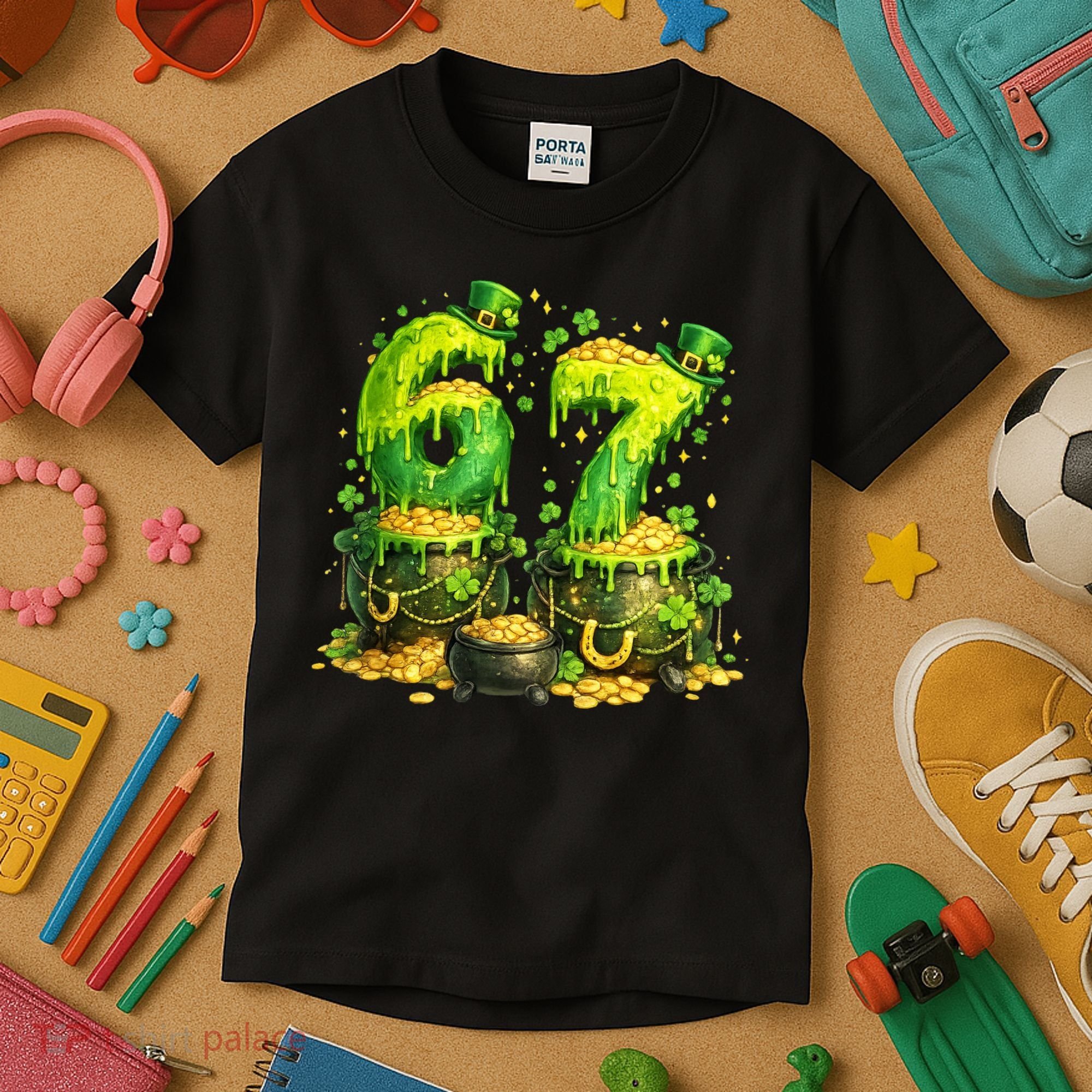 Six Seven Meme 67 St Patricks Day Shamrock Kids T-Shirt