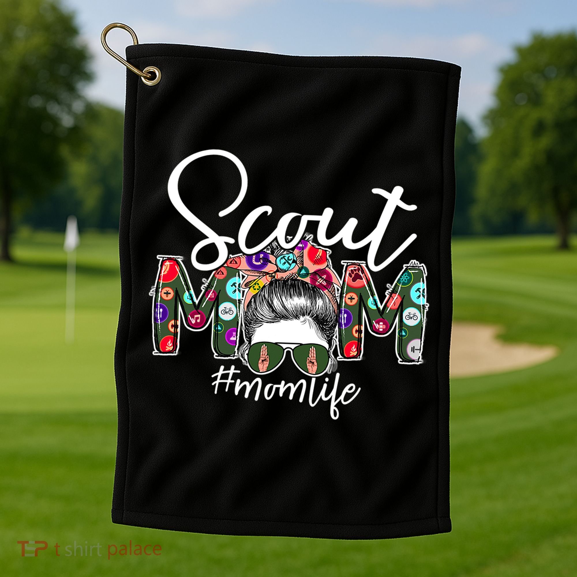 Scouting Scout Mom Life Messy Bun Hair Golf Towel