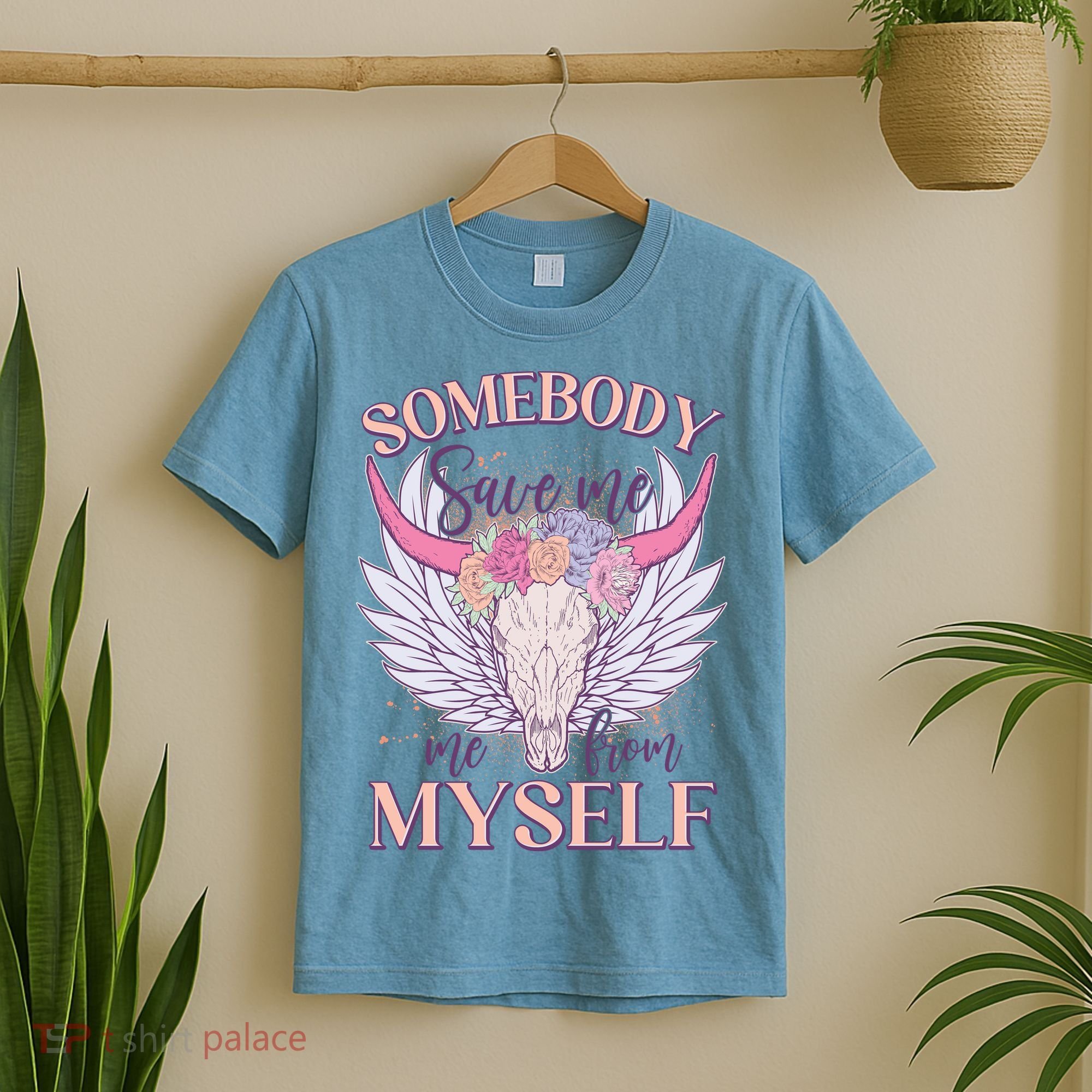Somebody Save Me Me From Myself Vintage Boho Cow Skull T-Shirt
