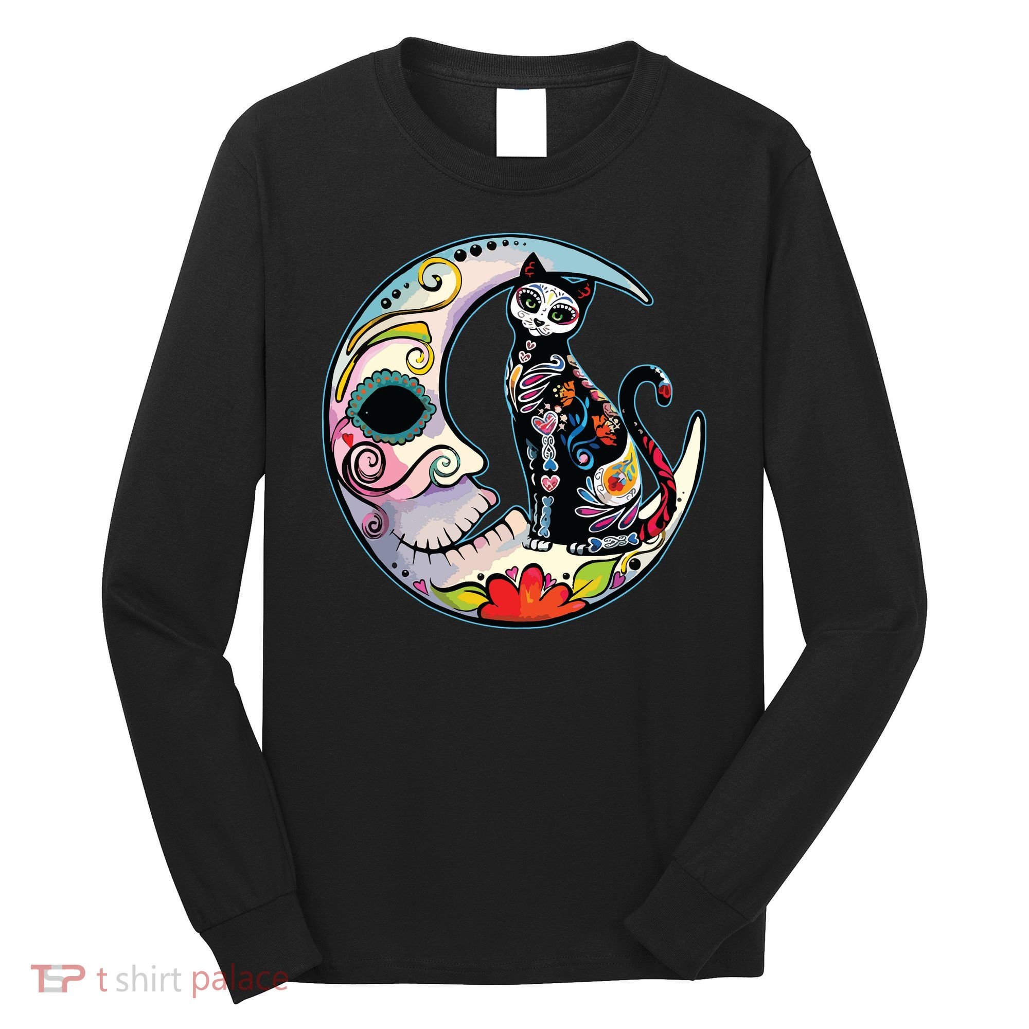 Sugar Skull Moon Cat Mexican Day Of Dead Dia De Los Muertos Long Sleeve Shirt